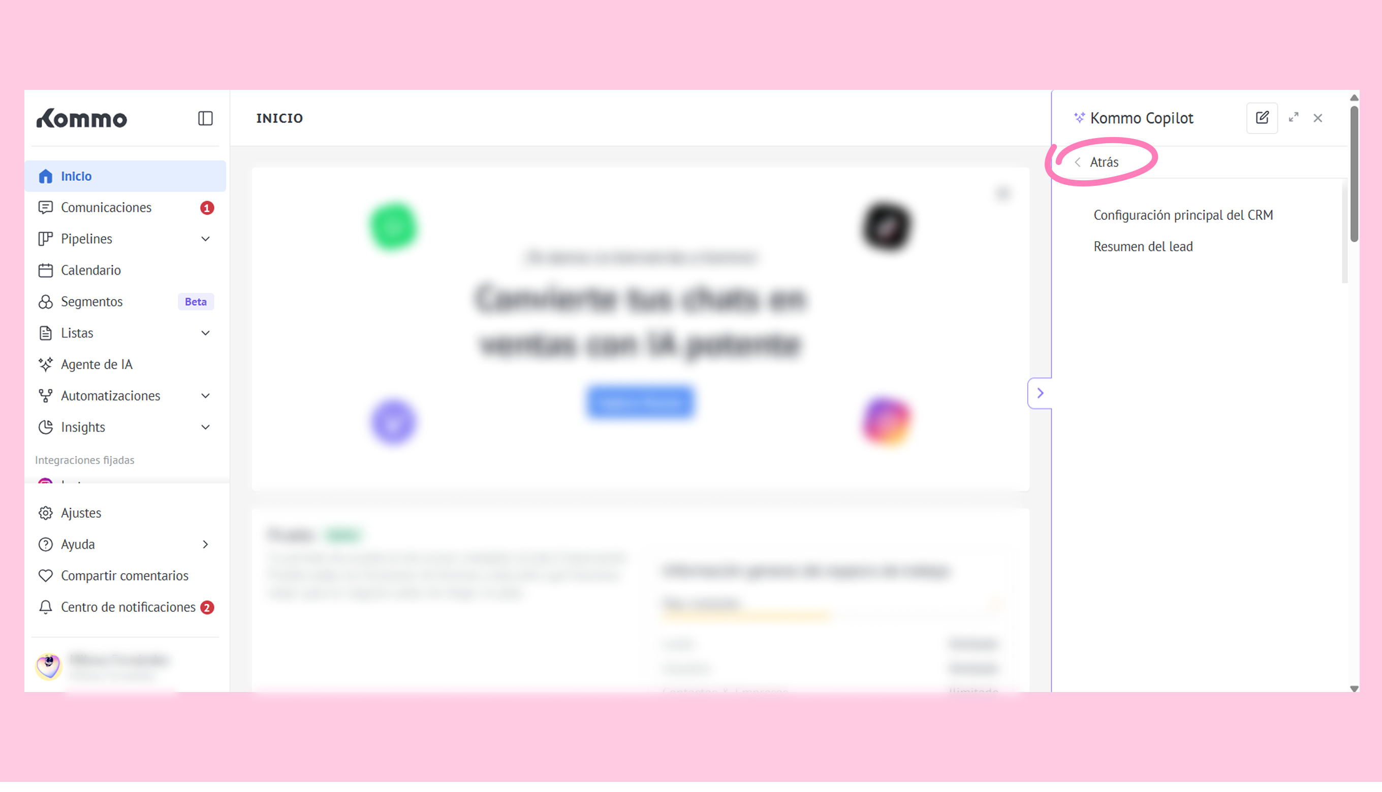 Kommo interface displaying chat conversion tools and CRM configuration options.