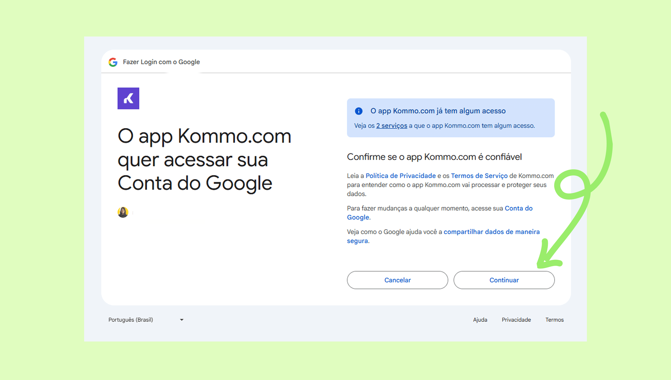 Login prompt for Kommo.com requesting access to Google account information.