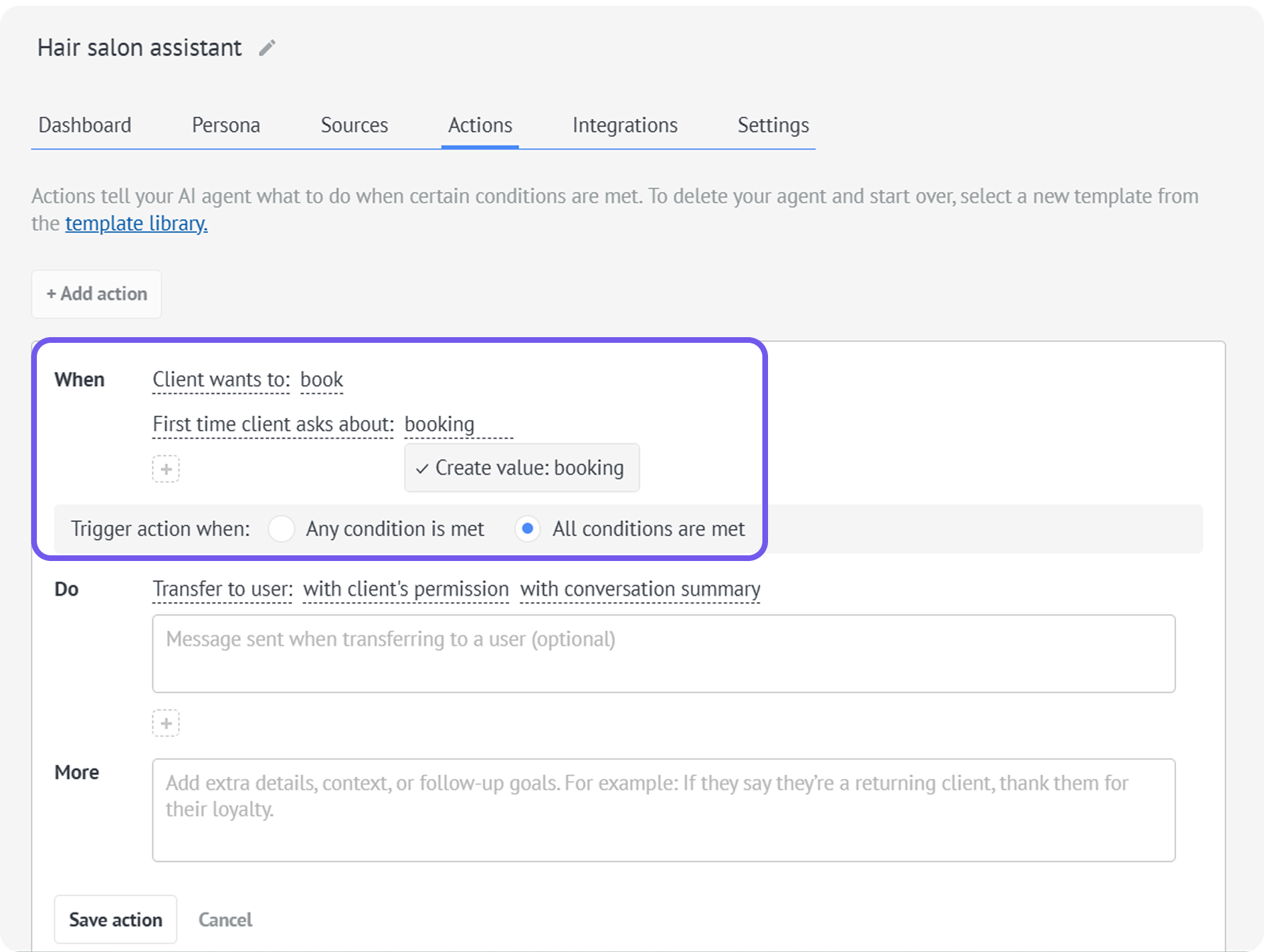 AI agent Actions tab with booking-related When conditions set to require all conditions.