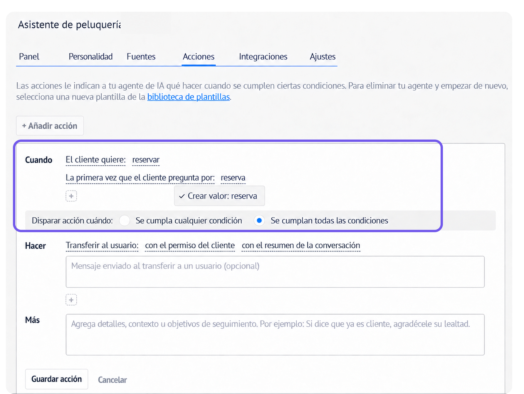 Settings for AI assistant actions when a client wants to make a reservation.