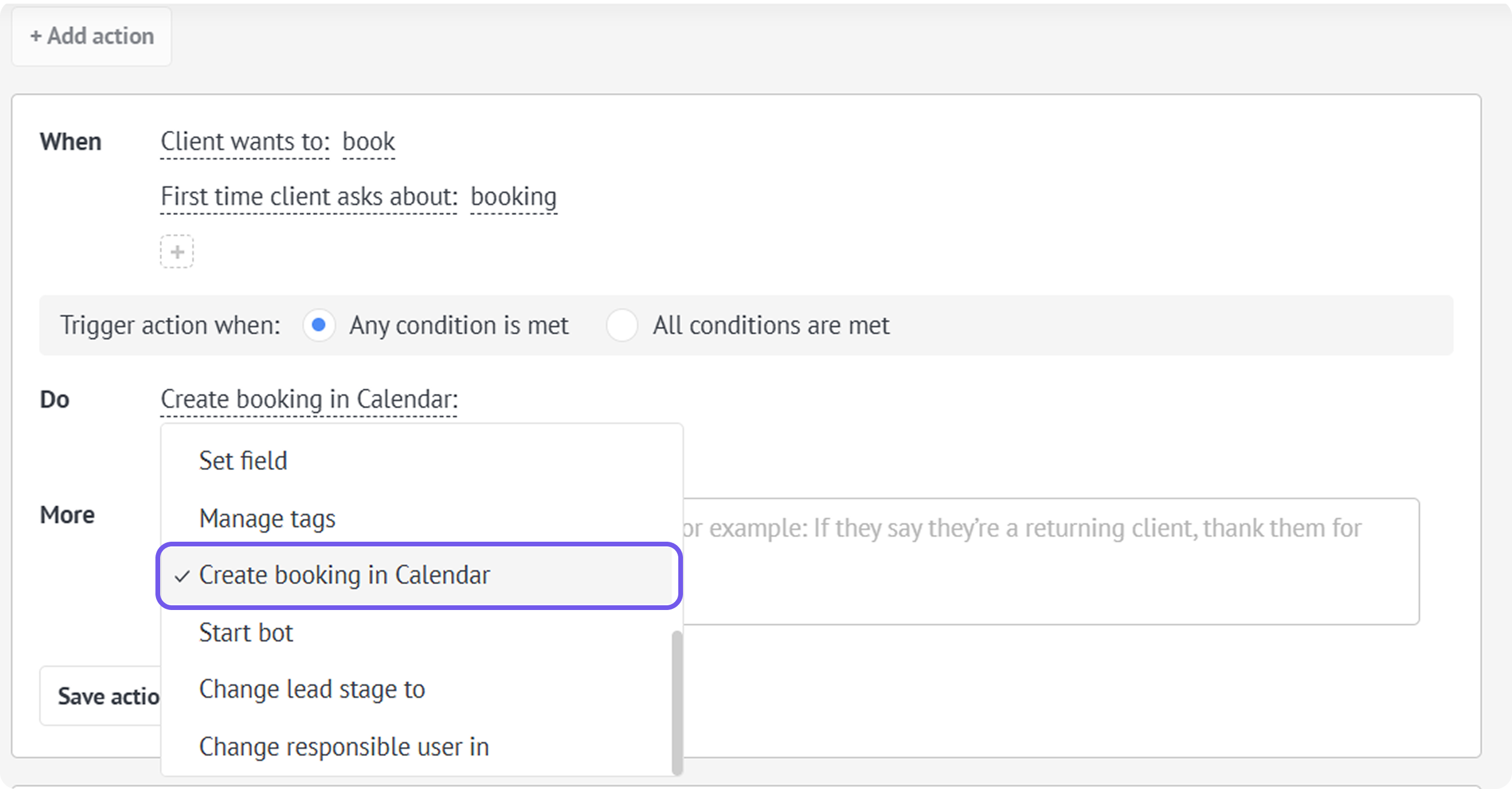 AI agent Actions tab with Create booking in Calendar selected as the Do action.