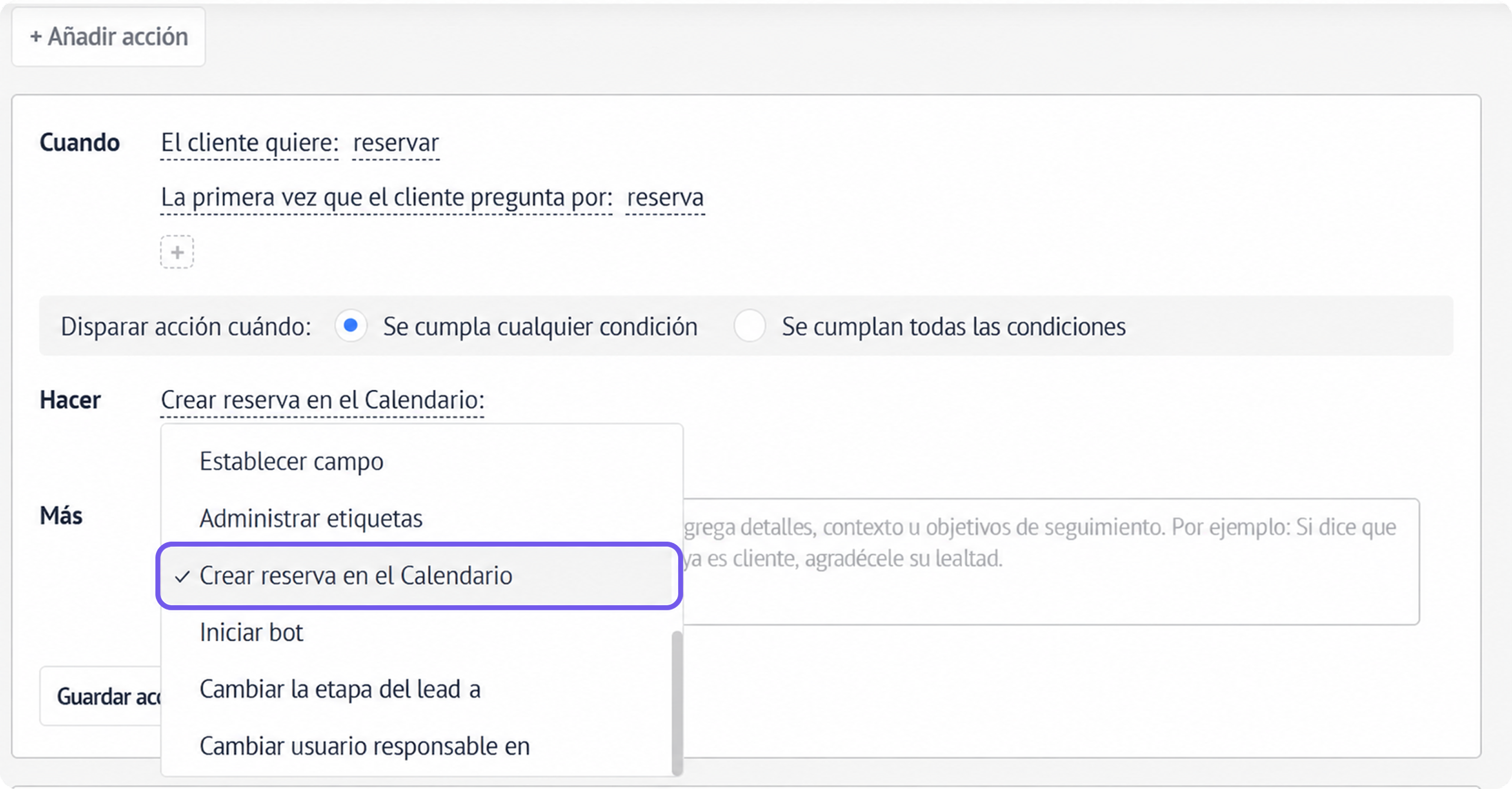 Client reservation process with options to create calendar entries and manage actions.