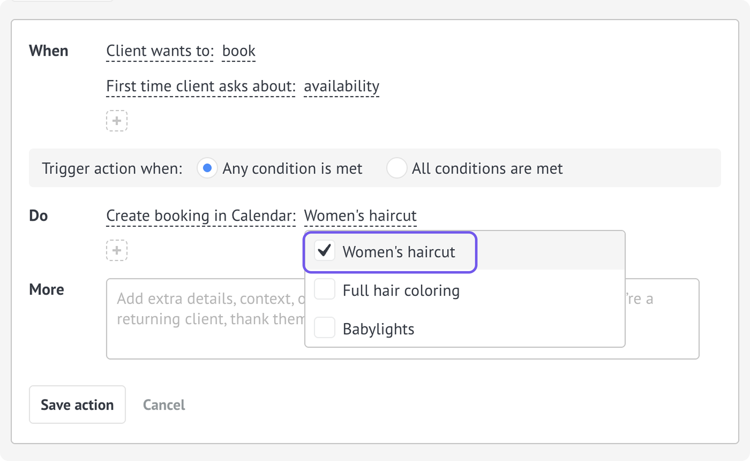 AI agent booking action with Women’s haircut selected from the available services.