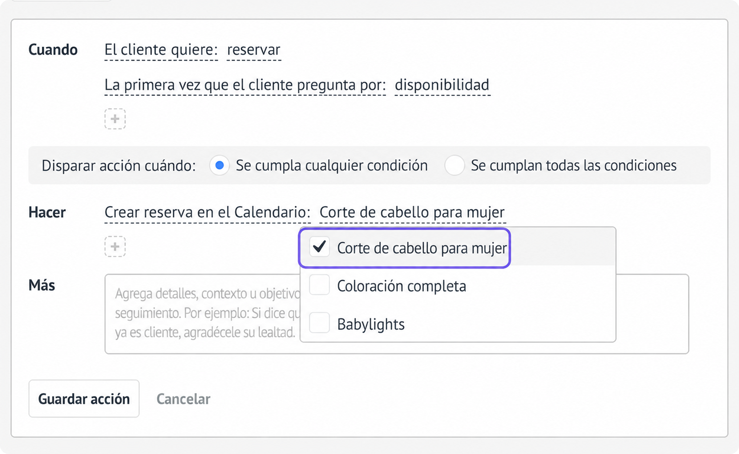 Client reservation options for women's haircut and additional services in a calendar interface.