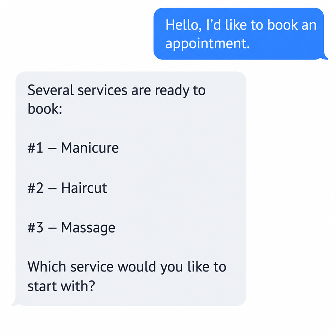 Chat where the AI agent offers services available to book.