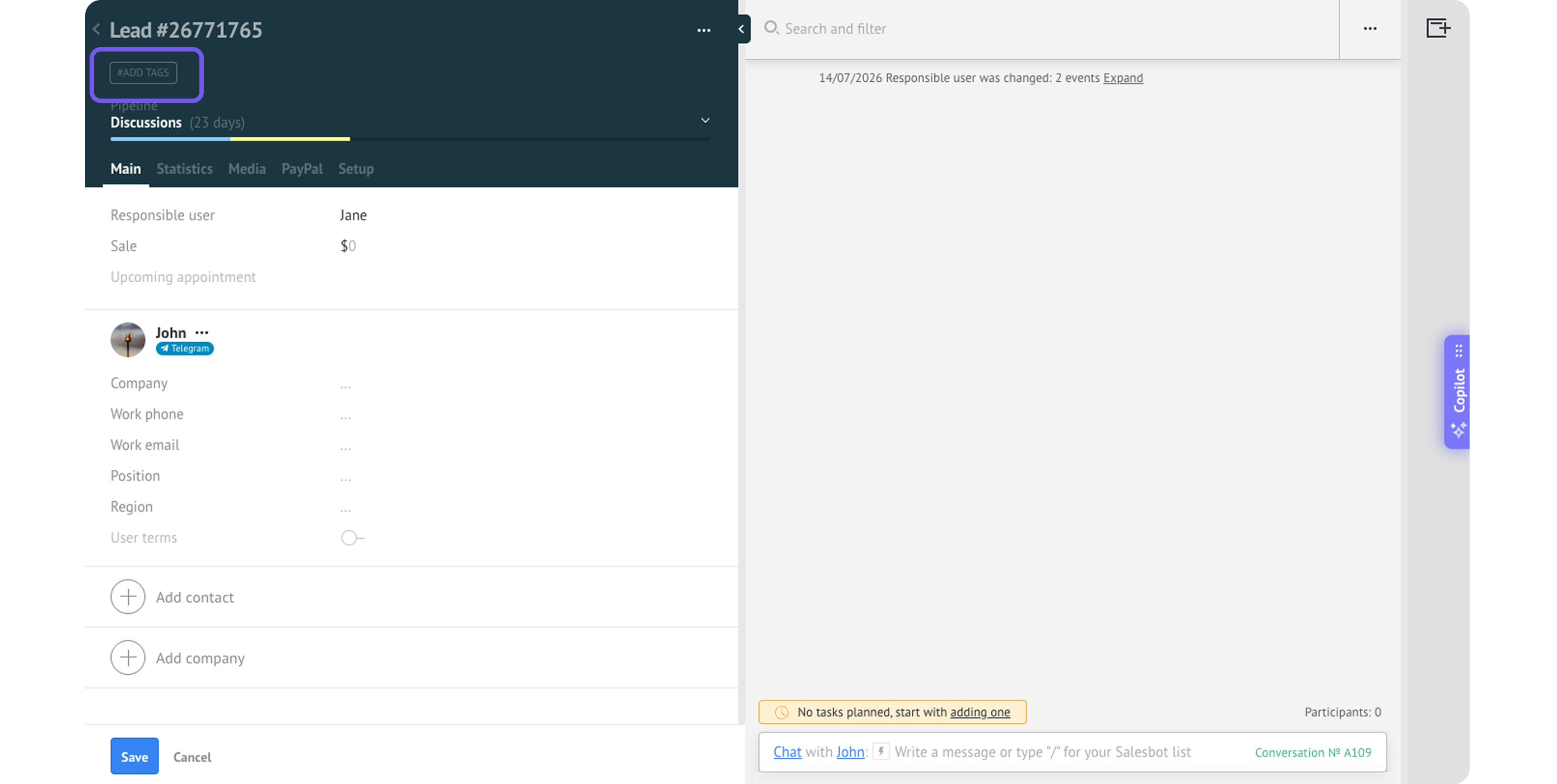 Lead management interface showing user details and options to add tags and contacts.