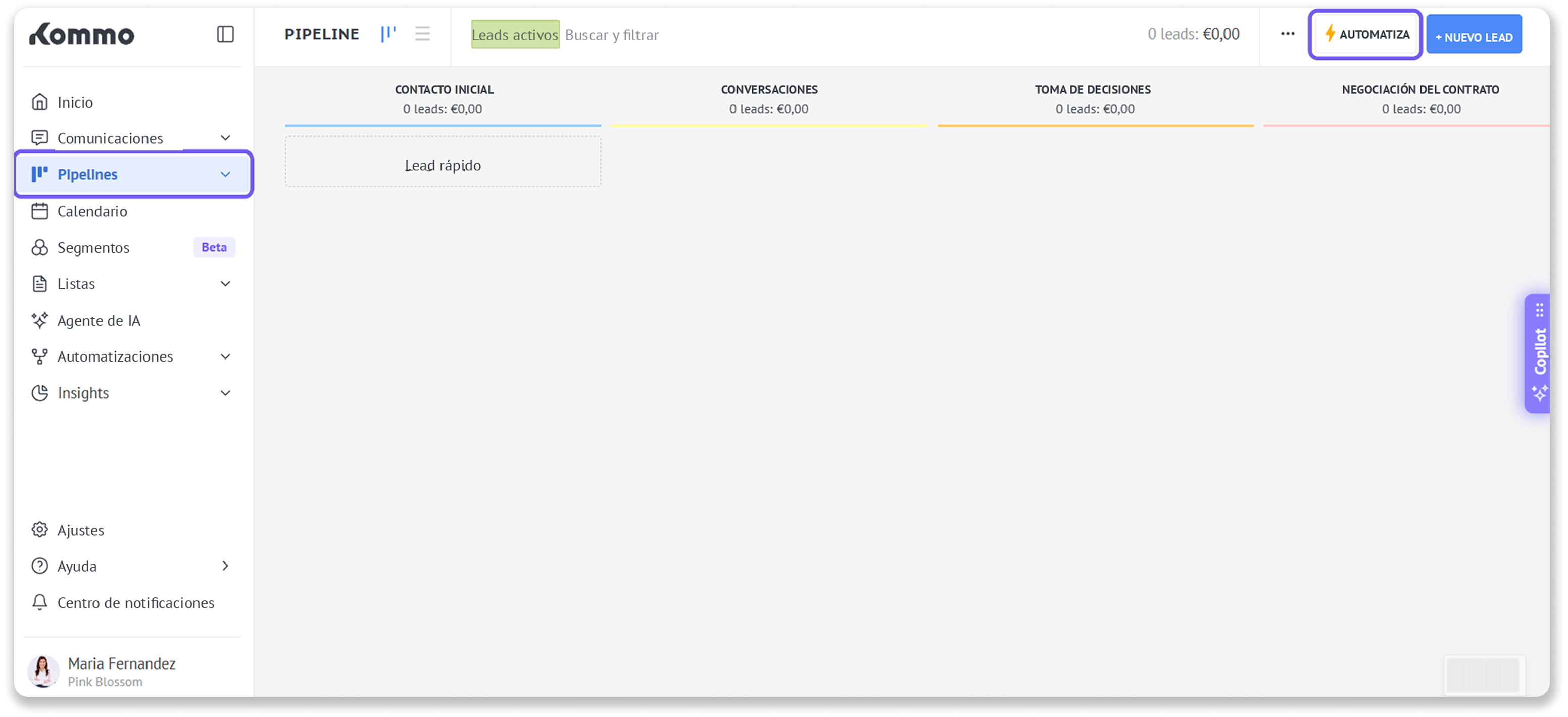 User interface displaying pipeline stages and lead management options in a CRM tool.