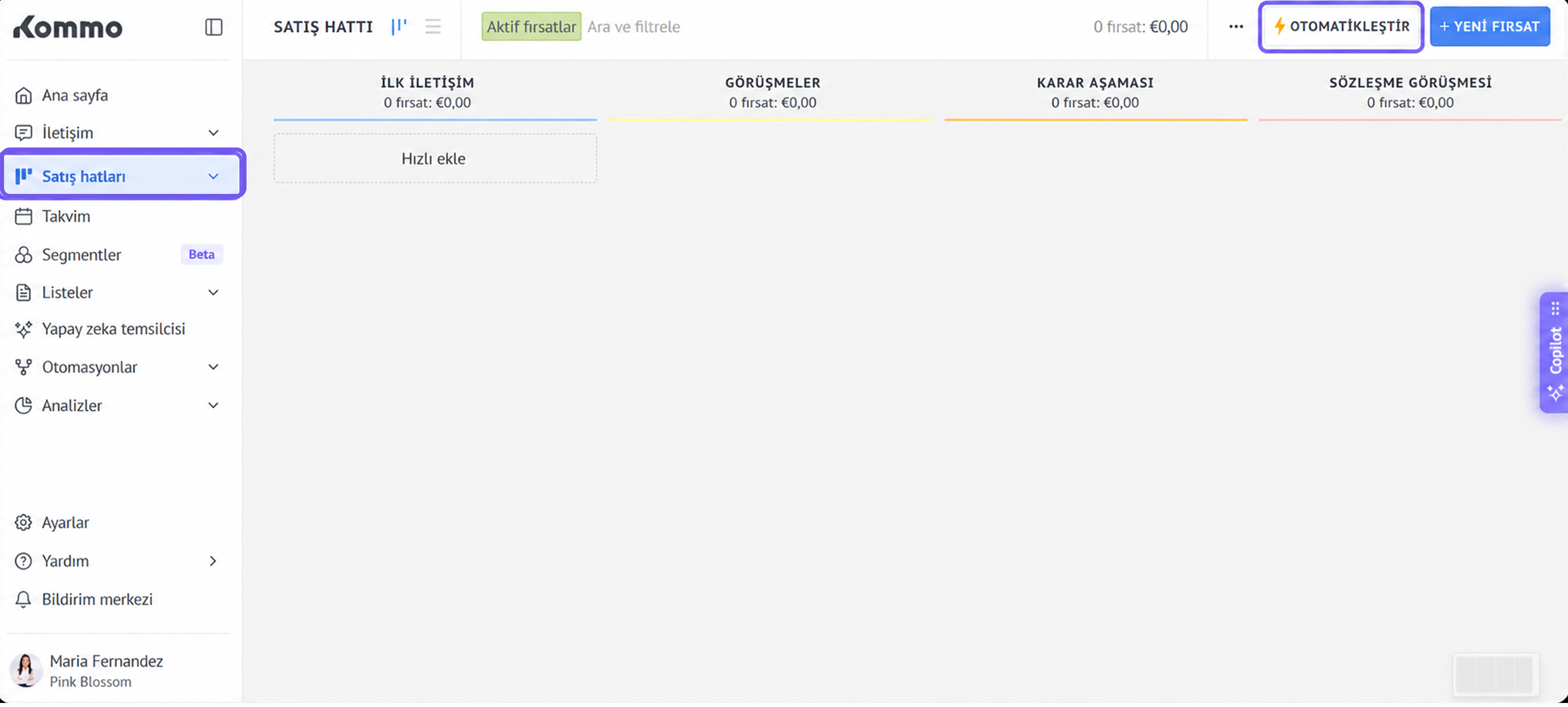 Kommo interface showing sales pipeline stages and options for adding new opportunities.