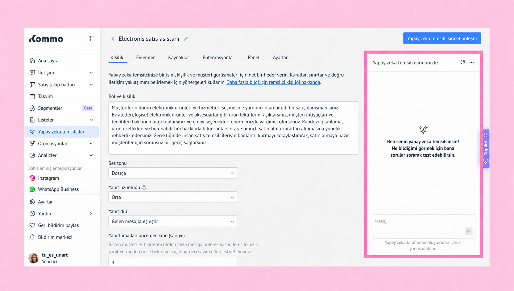 Interface displaying AI assistant settings and preview for electronic sales assistance.