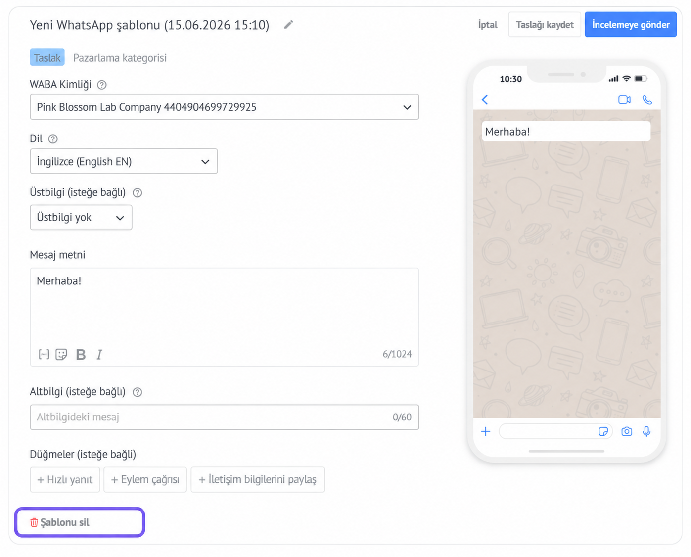 WhatsApp template creation interface showing message and button options for customization.