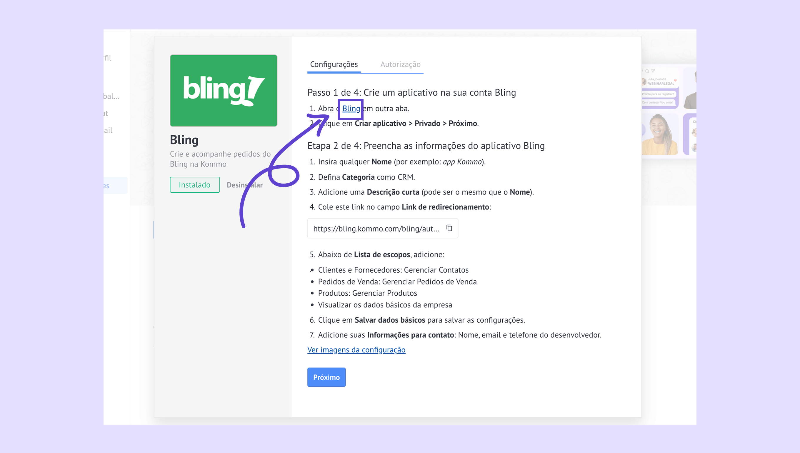 Instructions for creating a Bling application account with highlighted steps.