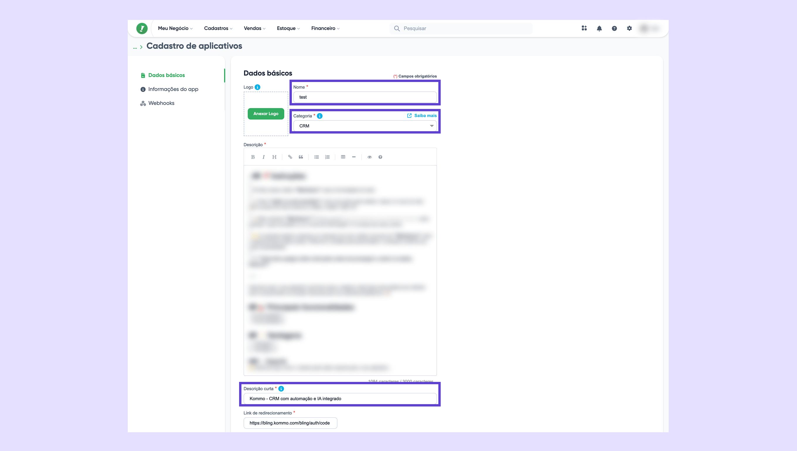 Basic application registration form with fields for name, category, and description.