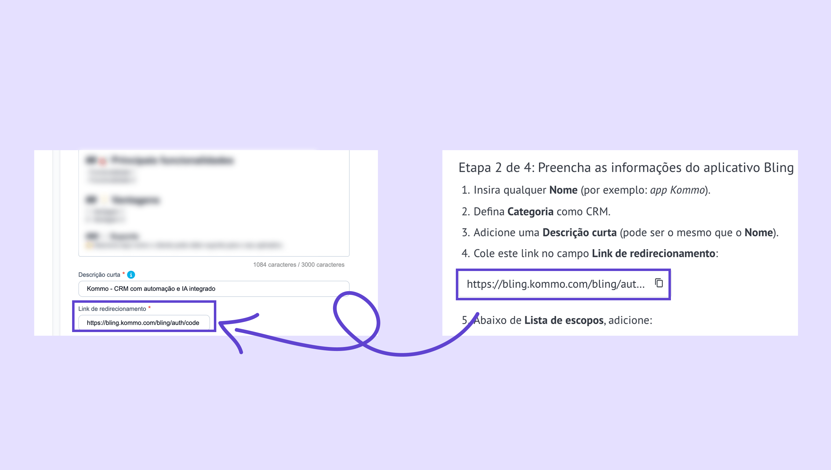 Instructions for filling out the Bling app information with a highlighted redirect link.