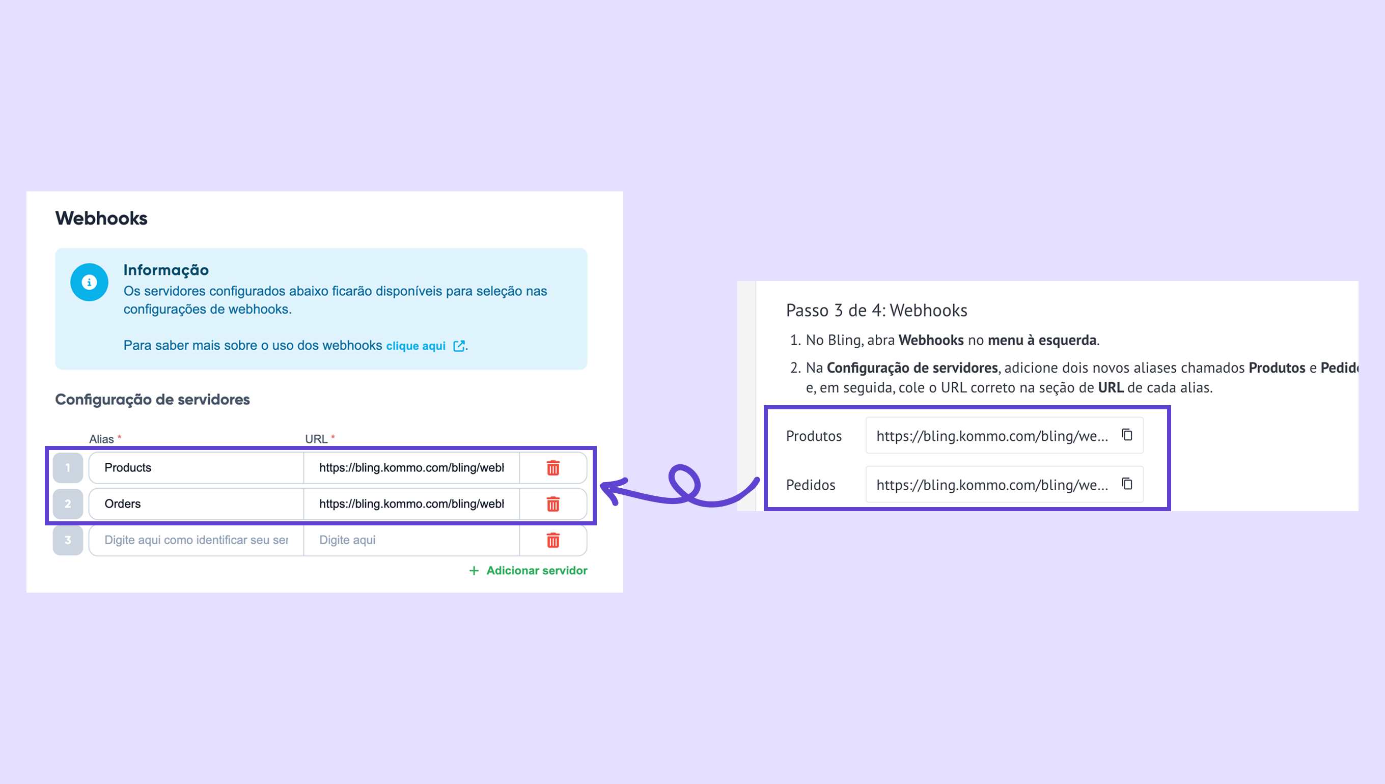 Configuration of webhooks with server aliases and URLs for products and orders.