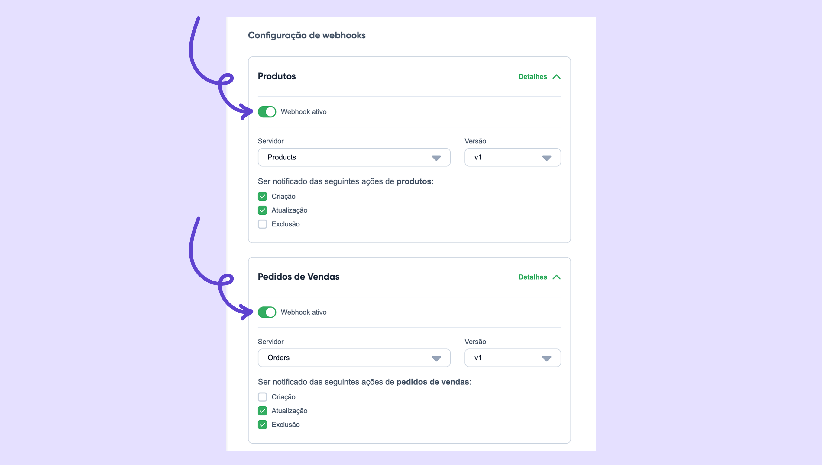 Webhook settings for products and orders with notification options displayed.