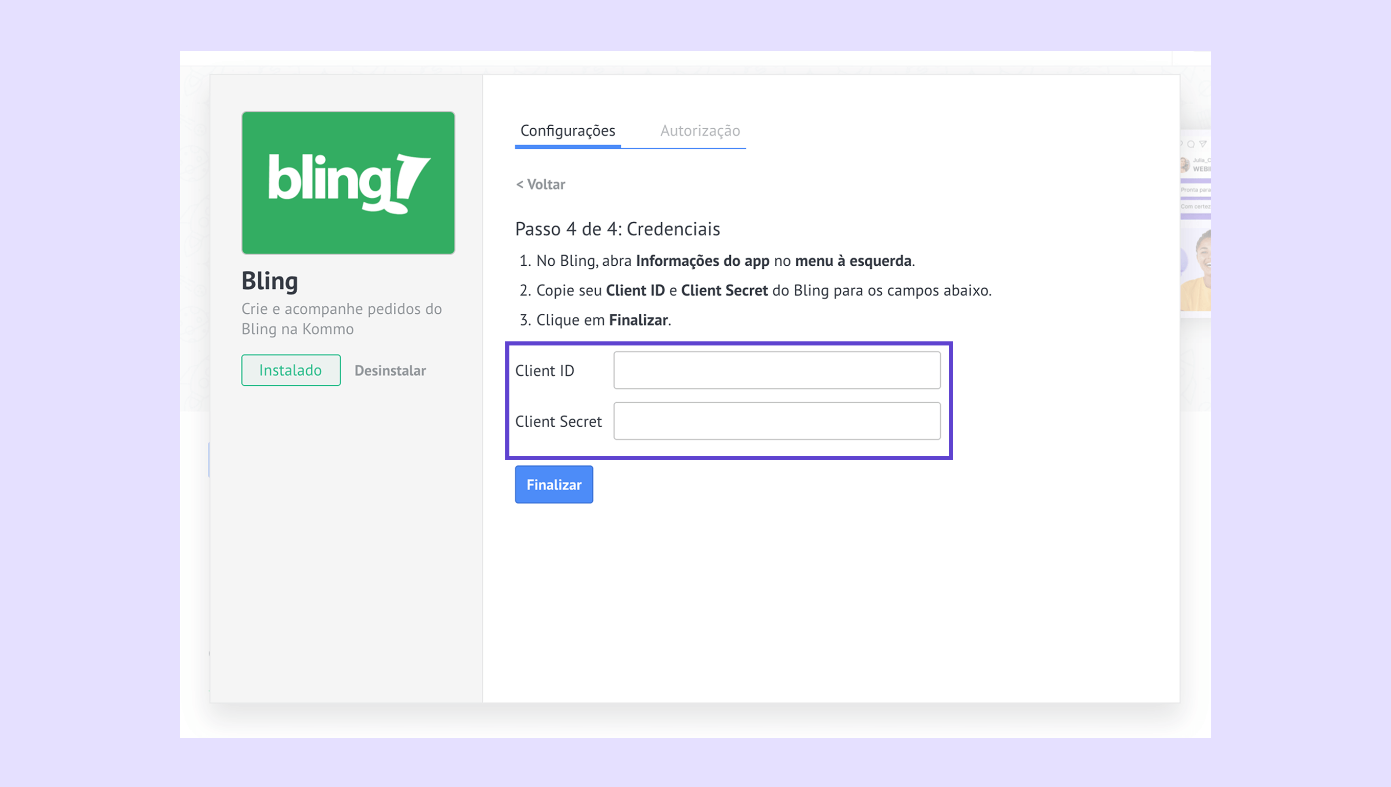 Instructions for entering Client ID and Client Secret in the Bling app settings.