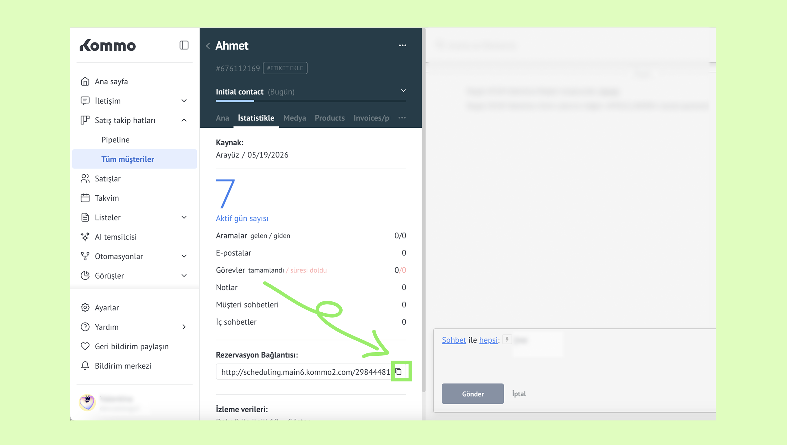 User interface displaying customer details and a link for scheduling appointments.