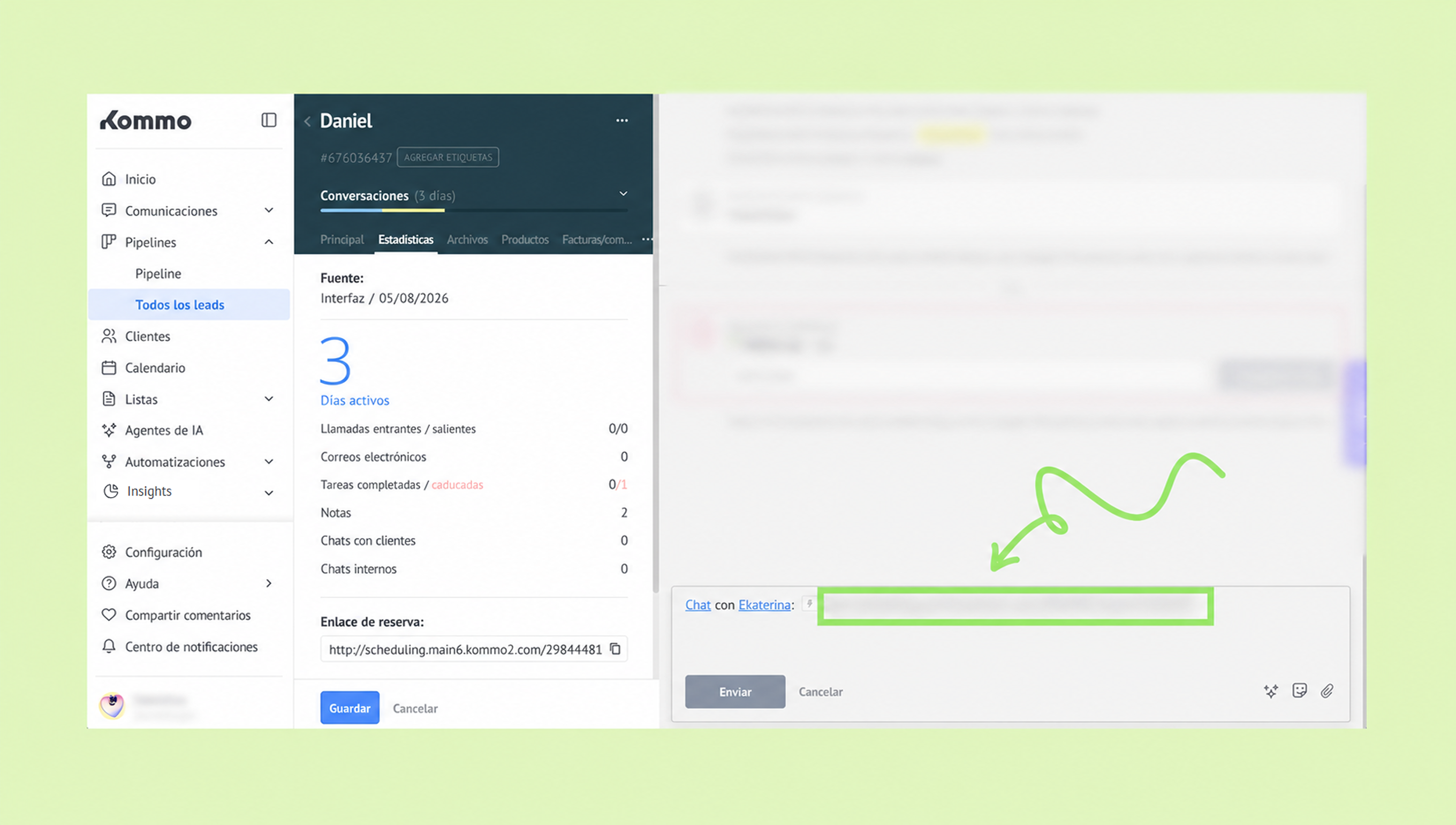 User interface showing lead statistics and chat options for communication management.