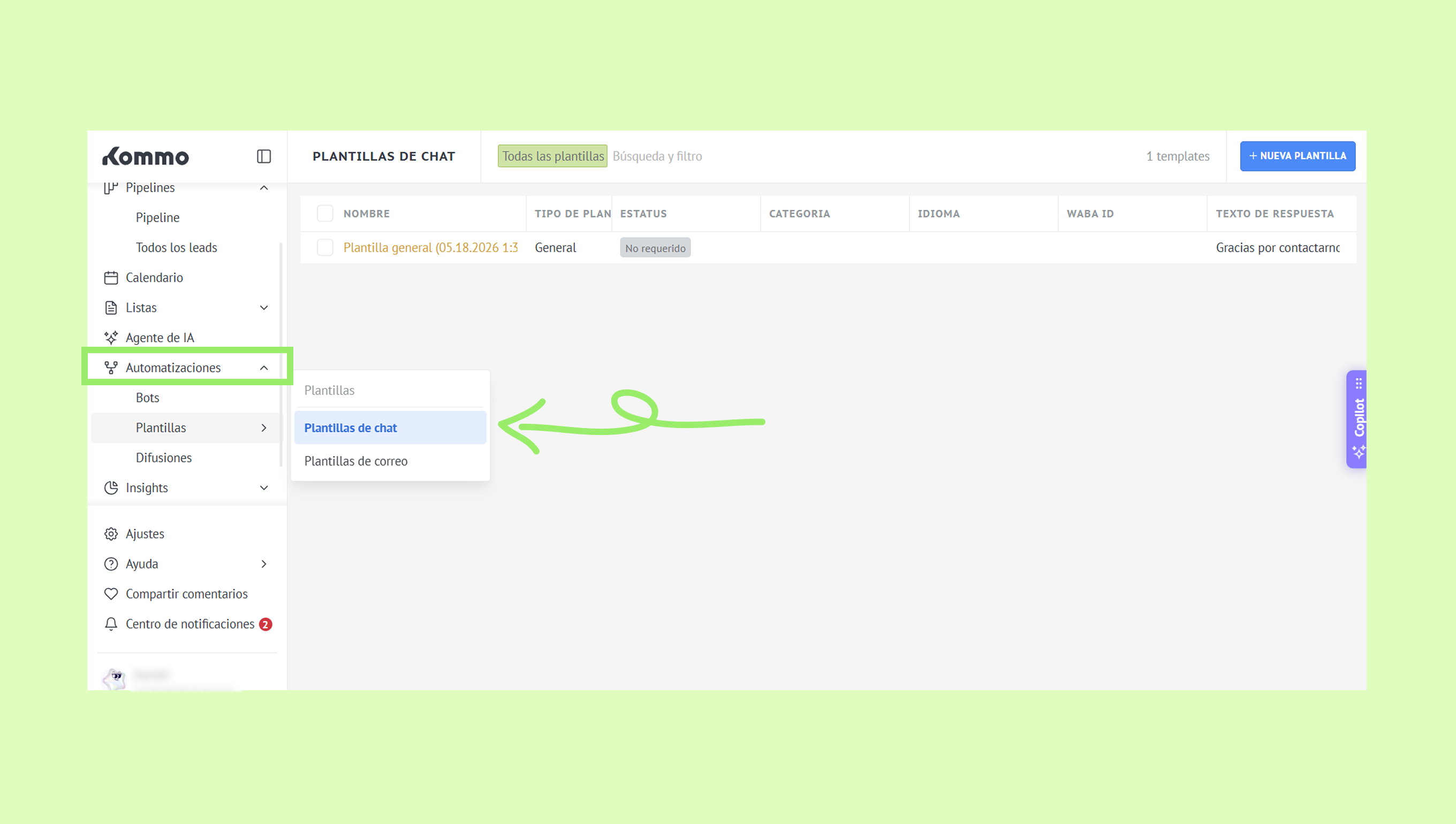 Menu showing chat templates with highlighted option for chat templates selection.