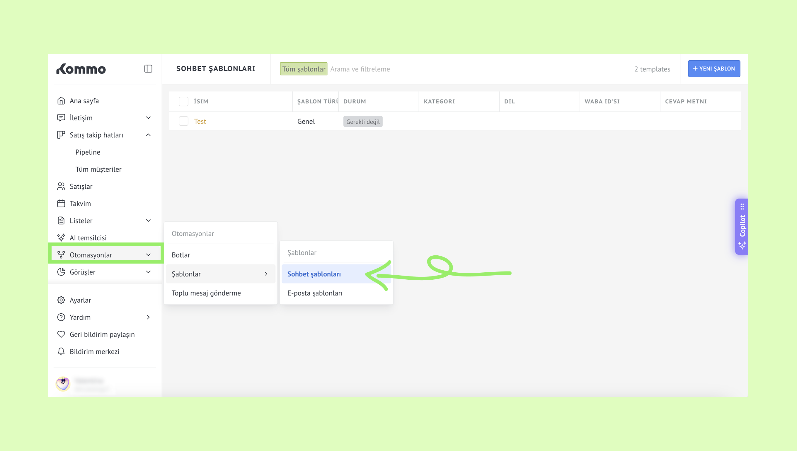 Menu showing automation options with a focus on chat templates selection.