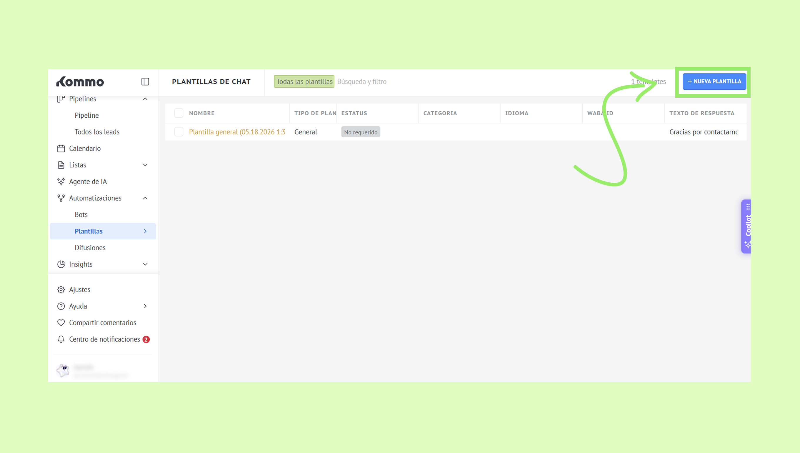 User interface showing chat templates with an option to create a new template.