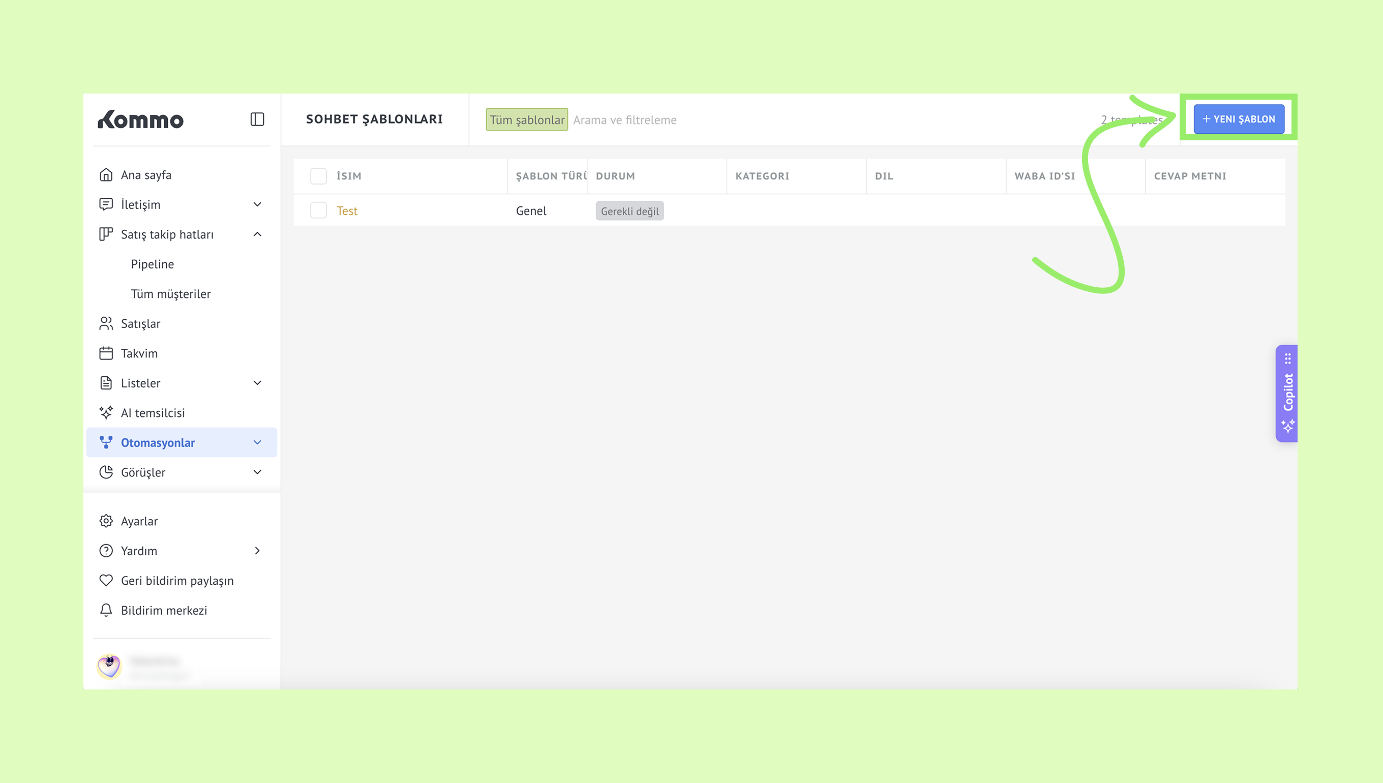 User interface showing chat templates with an option to create a new template.