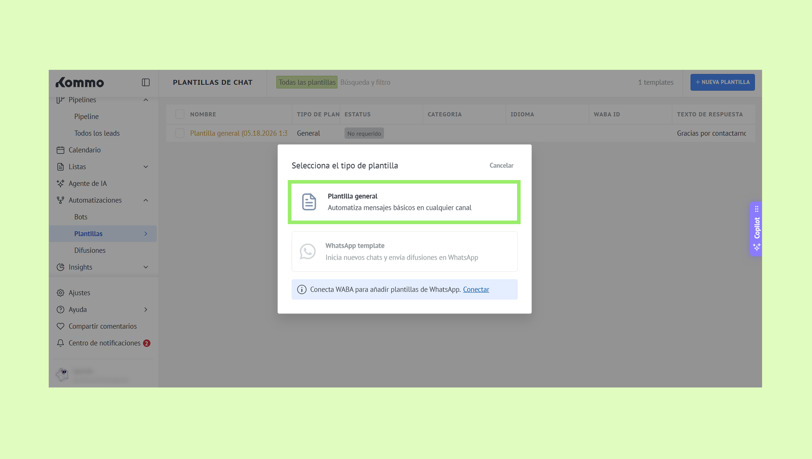 Selection screen for chat templates with highlighted general template option.