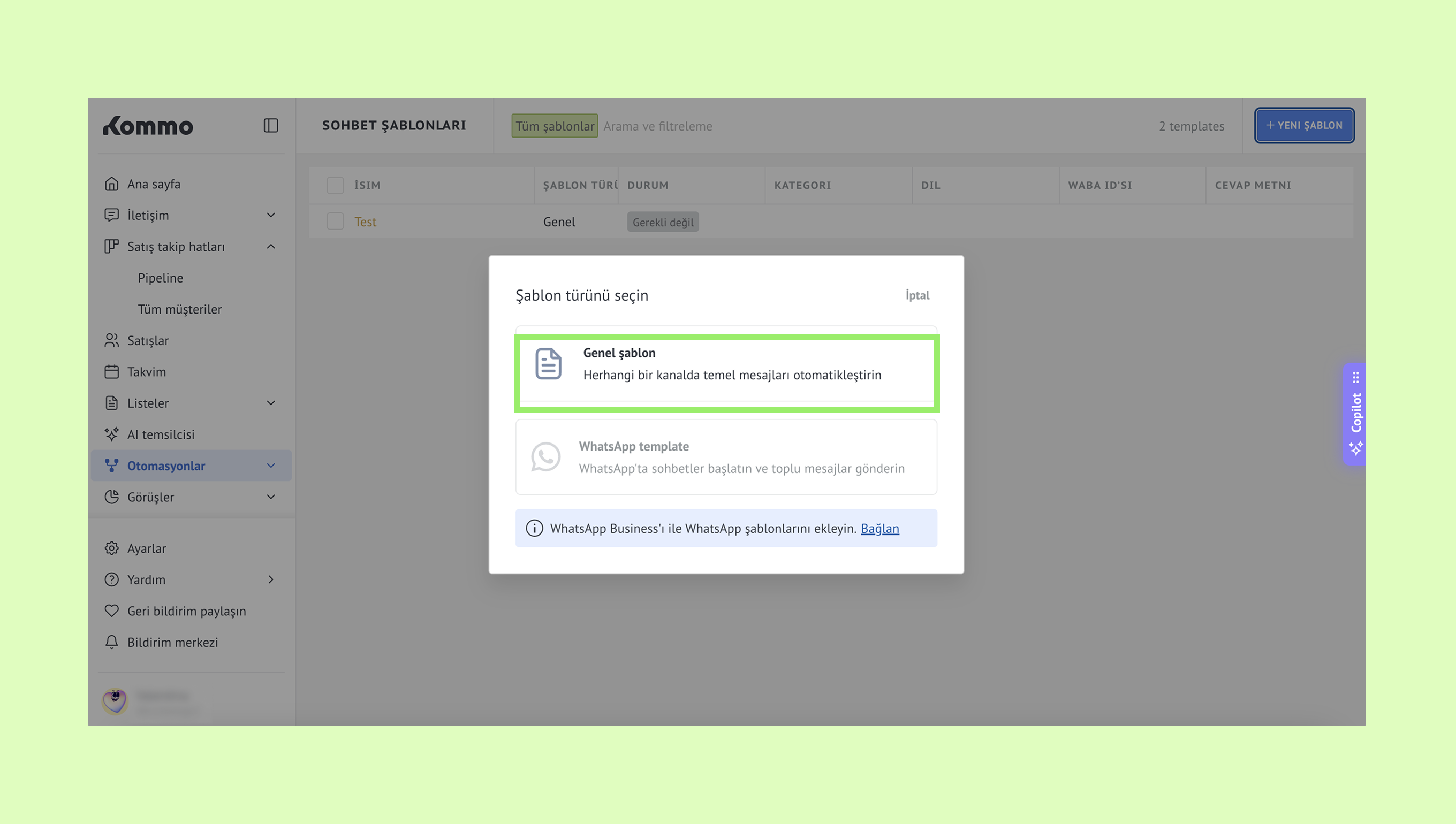Selecting a general template for automating messages in a chat application interface.