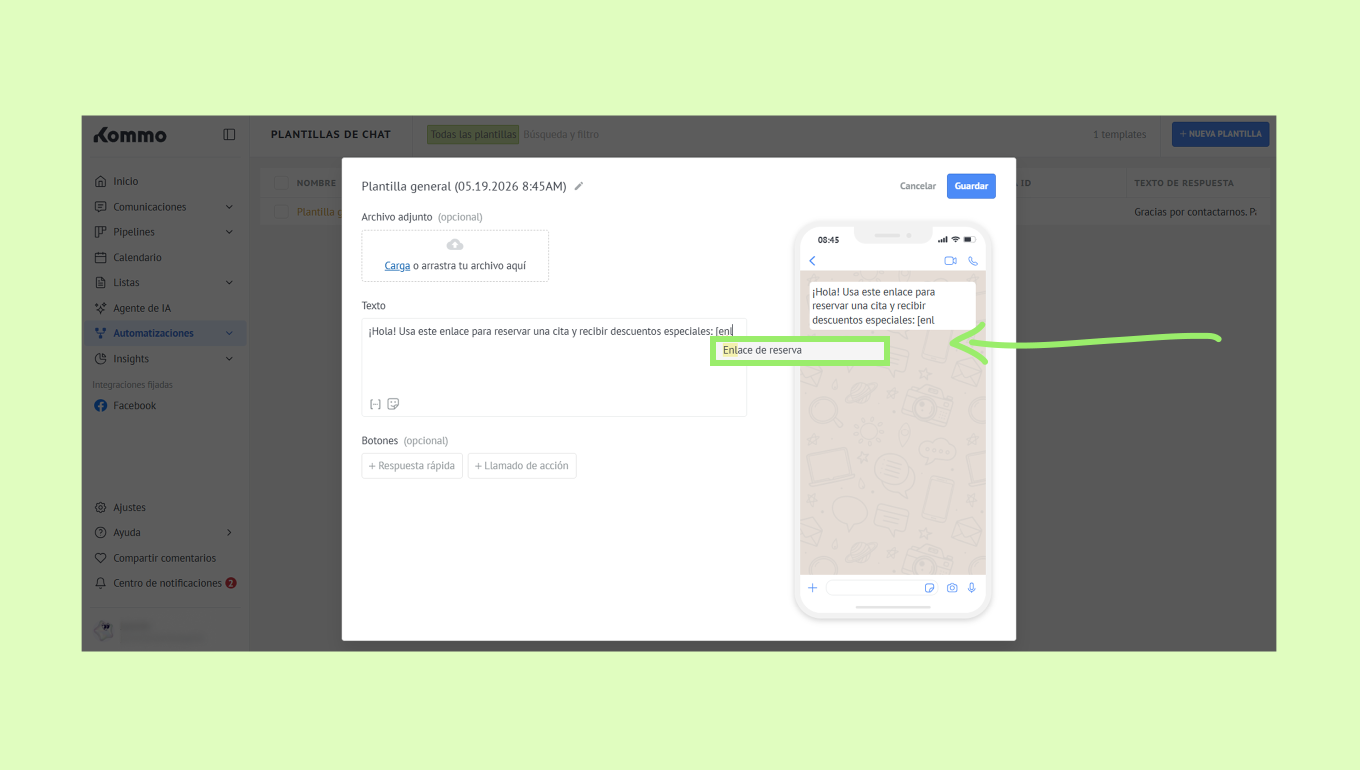 Chat template interface showing a link for booking appointments and receiving discounts.