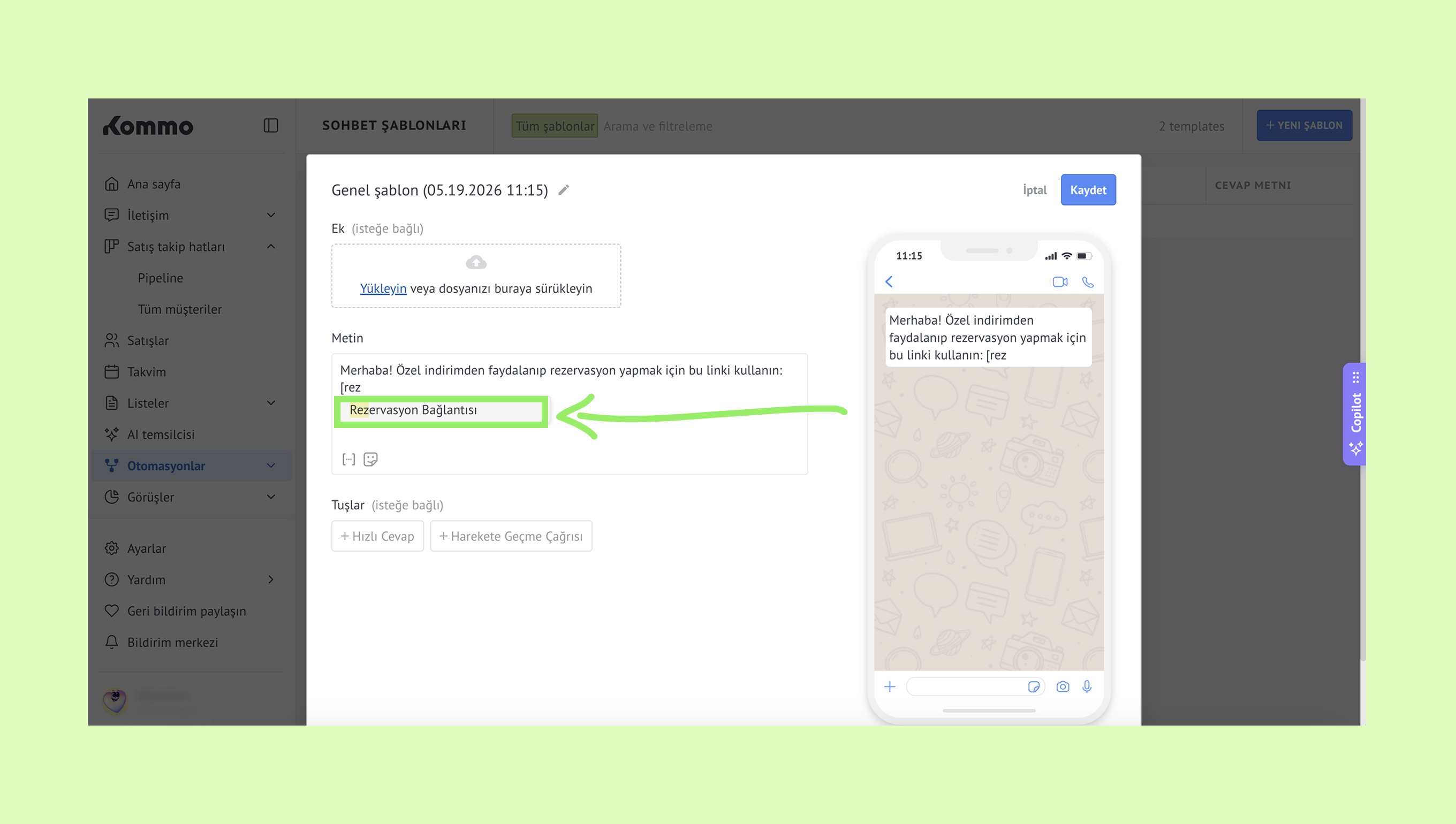 Template interface showing a highlighted reservation link for user interaction.