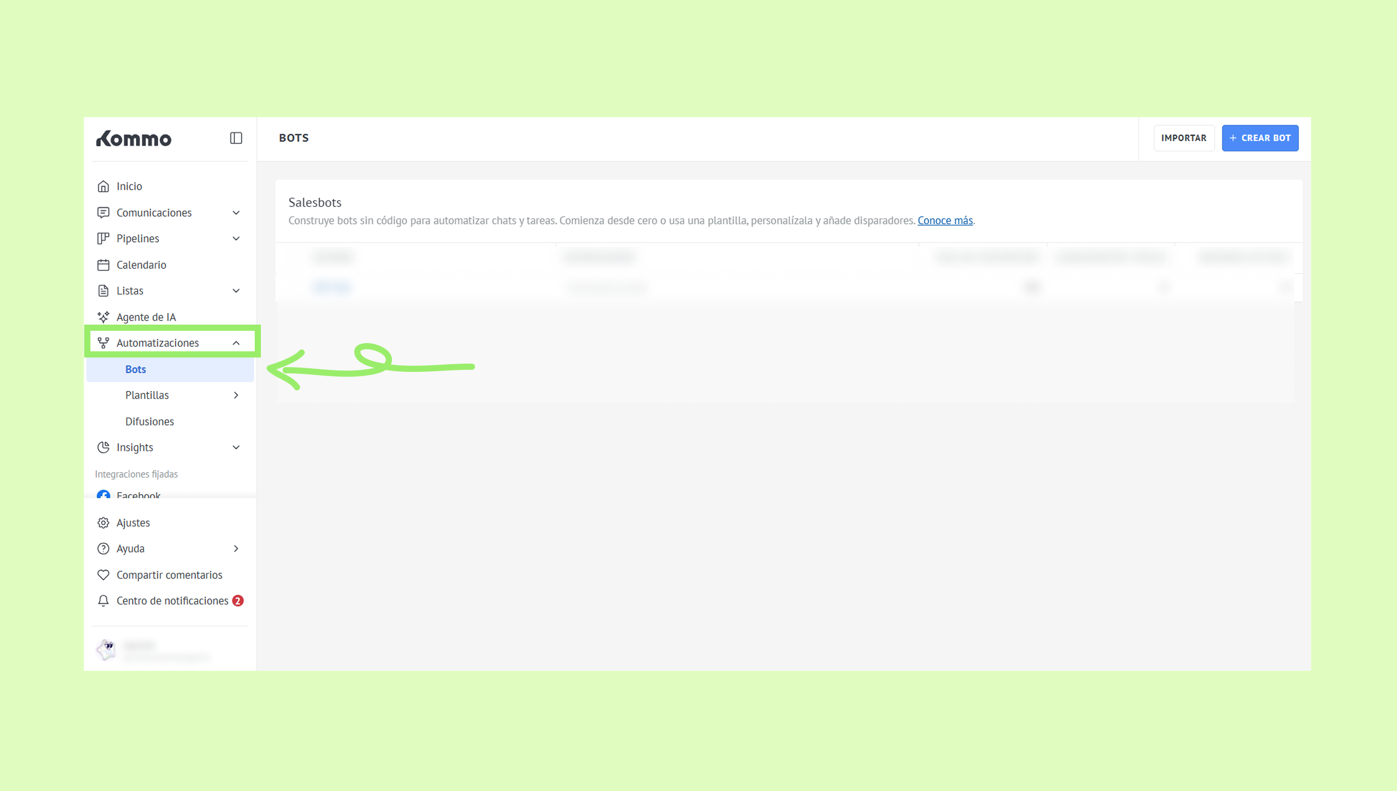 Menu showing automation options with highlighted section for creating bots.