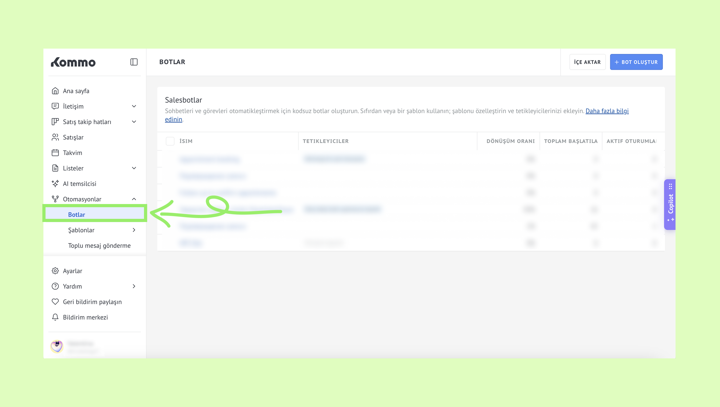 The interface displays a menu with highlighted 'Bots' section for automation tasks.