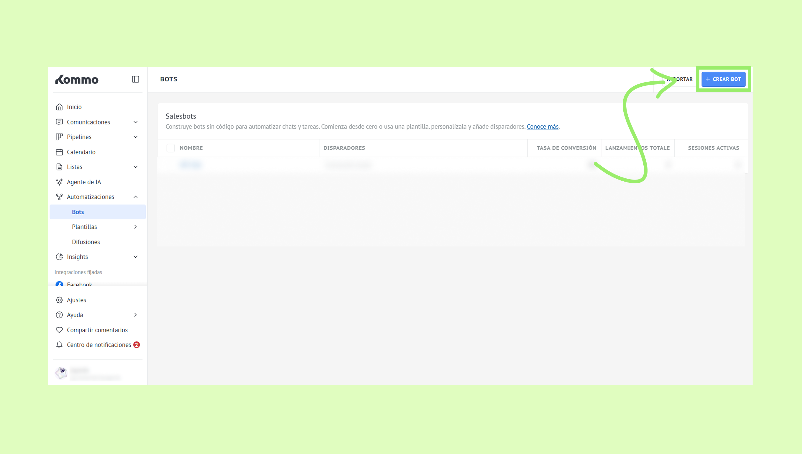 Interface for creating bots with highlighted button to create a new bot.