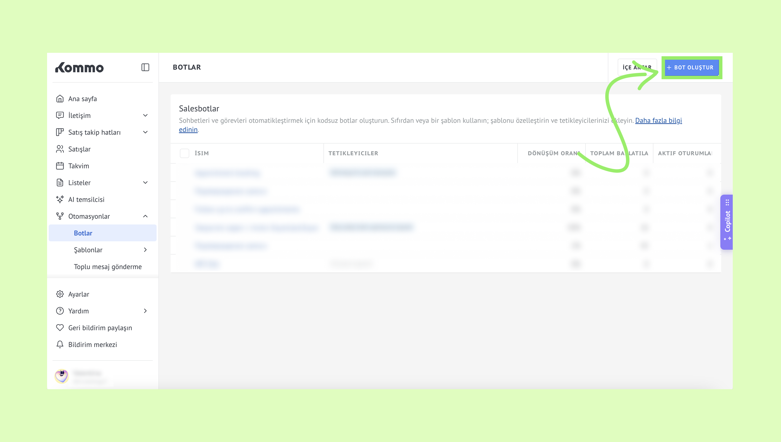 Interface showing bot creation options and existing bot list for automation tasks.