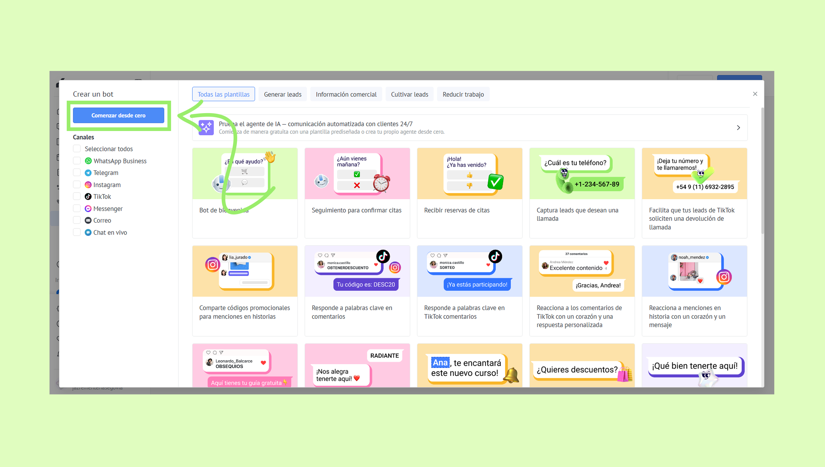 Creating a bot with various templates and options for automated communication.