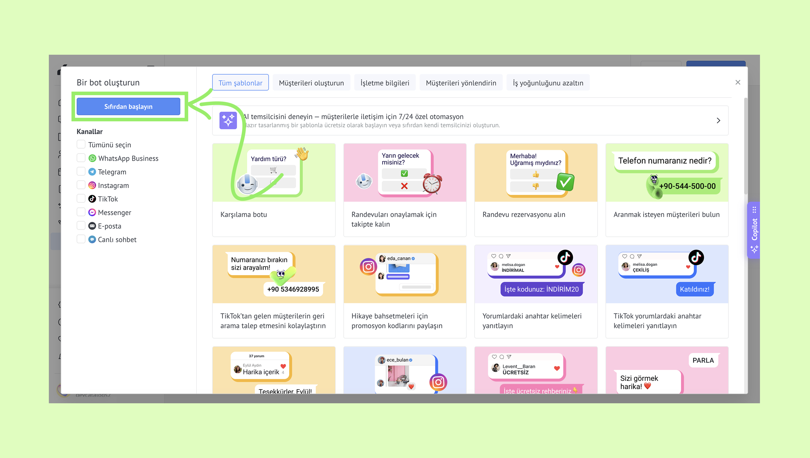 Interface for creating a bot with highlighted options and contact information.