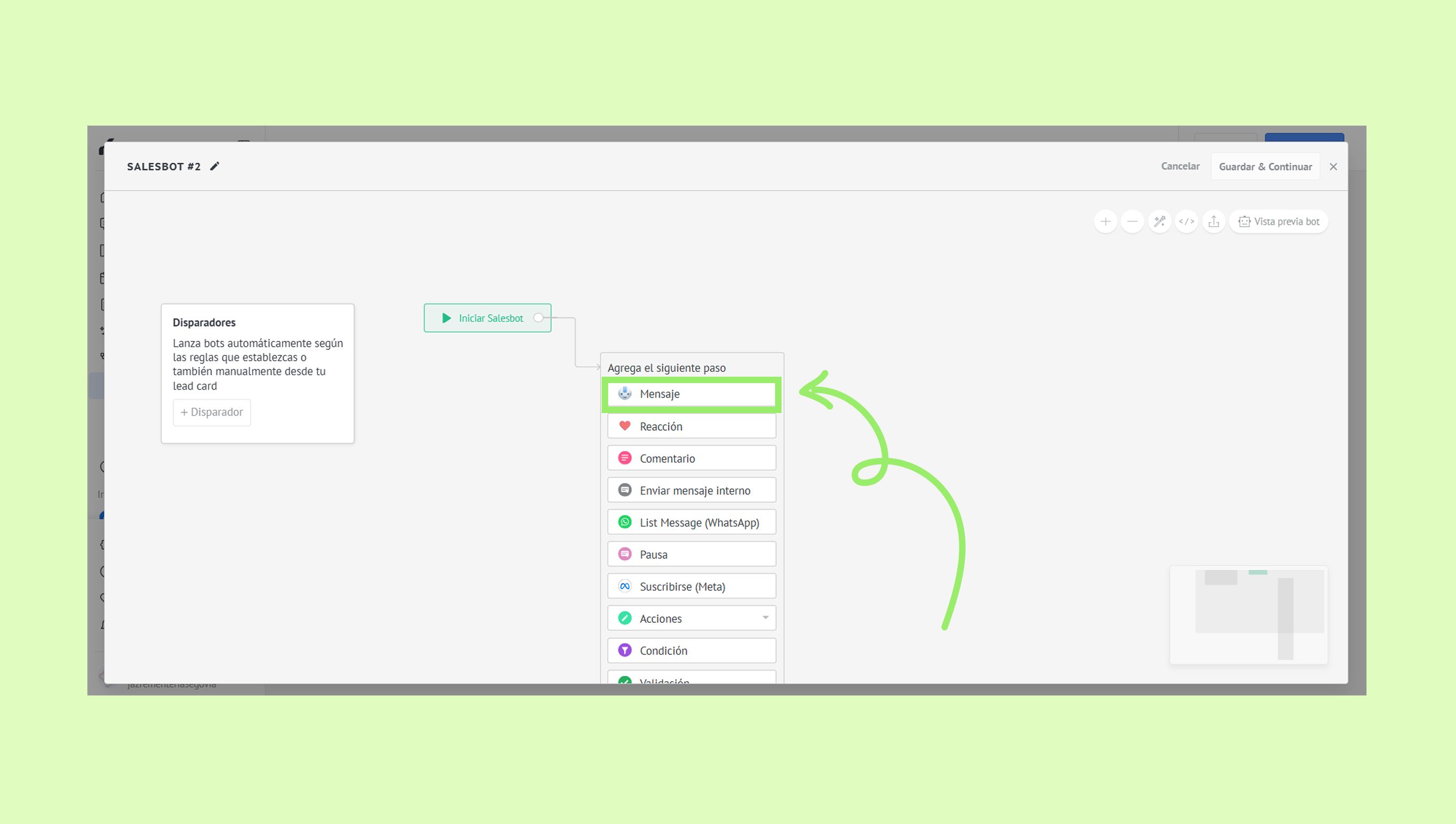 Interface showing steps to add a message in a sales bot configuration.