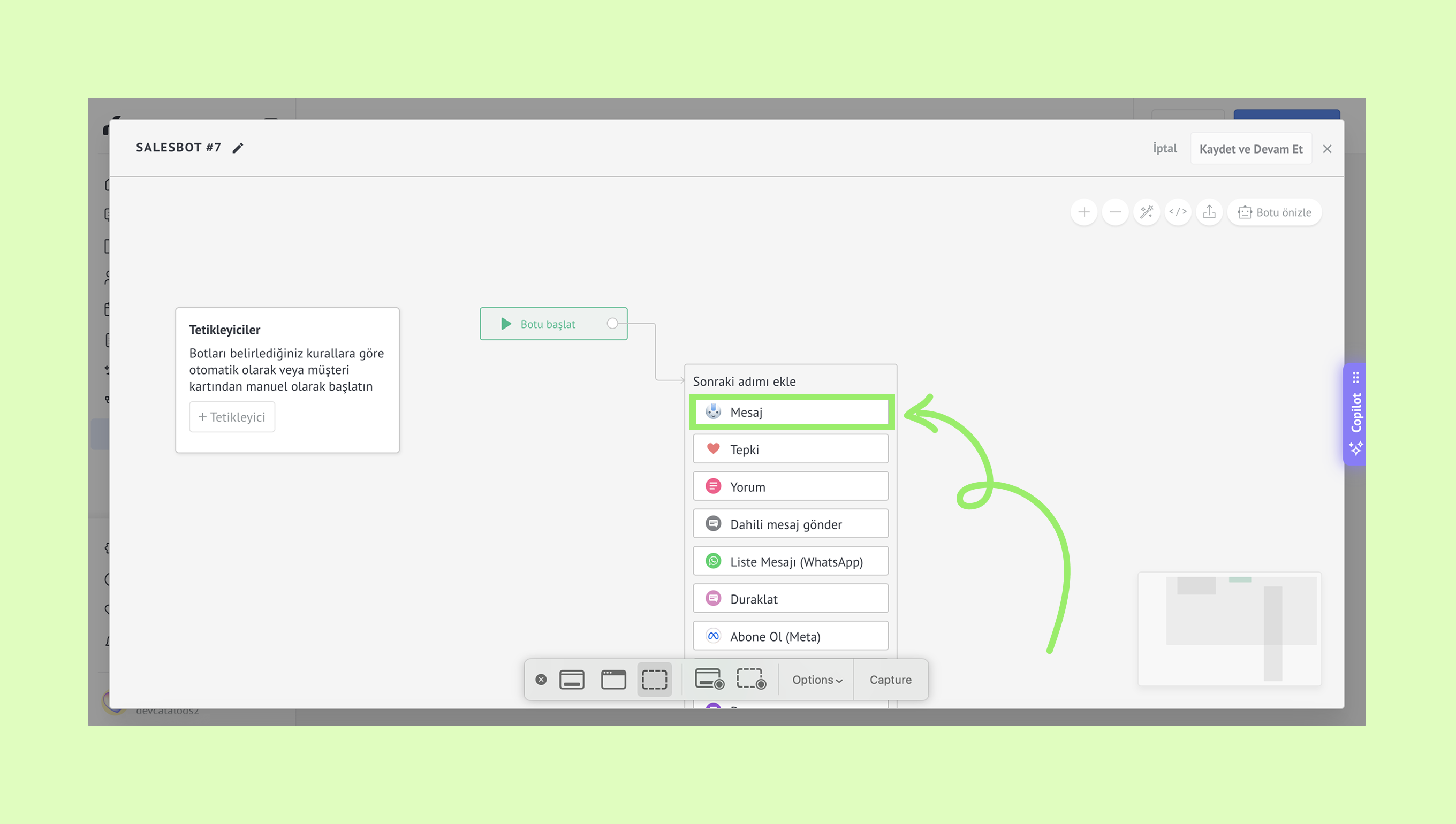Interface showing bot actions with highlighted message option for user interaction.