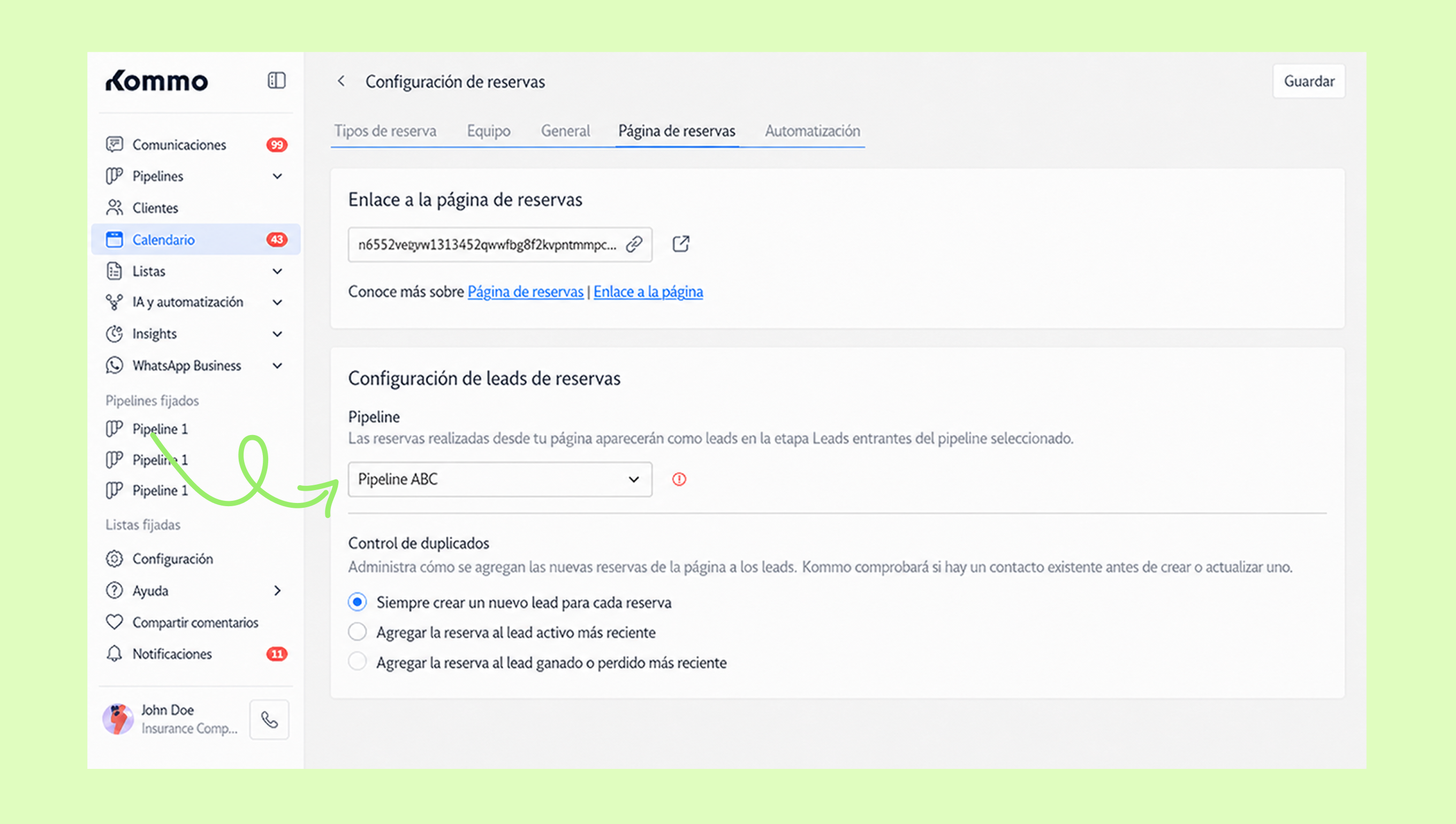 Settings page for reservation leads with highlighted pipeline selection option.