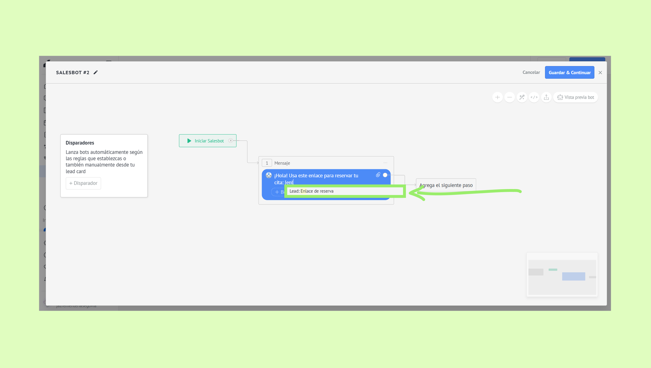 Salesbot interface showing message and next step options for user interaction.