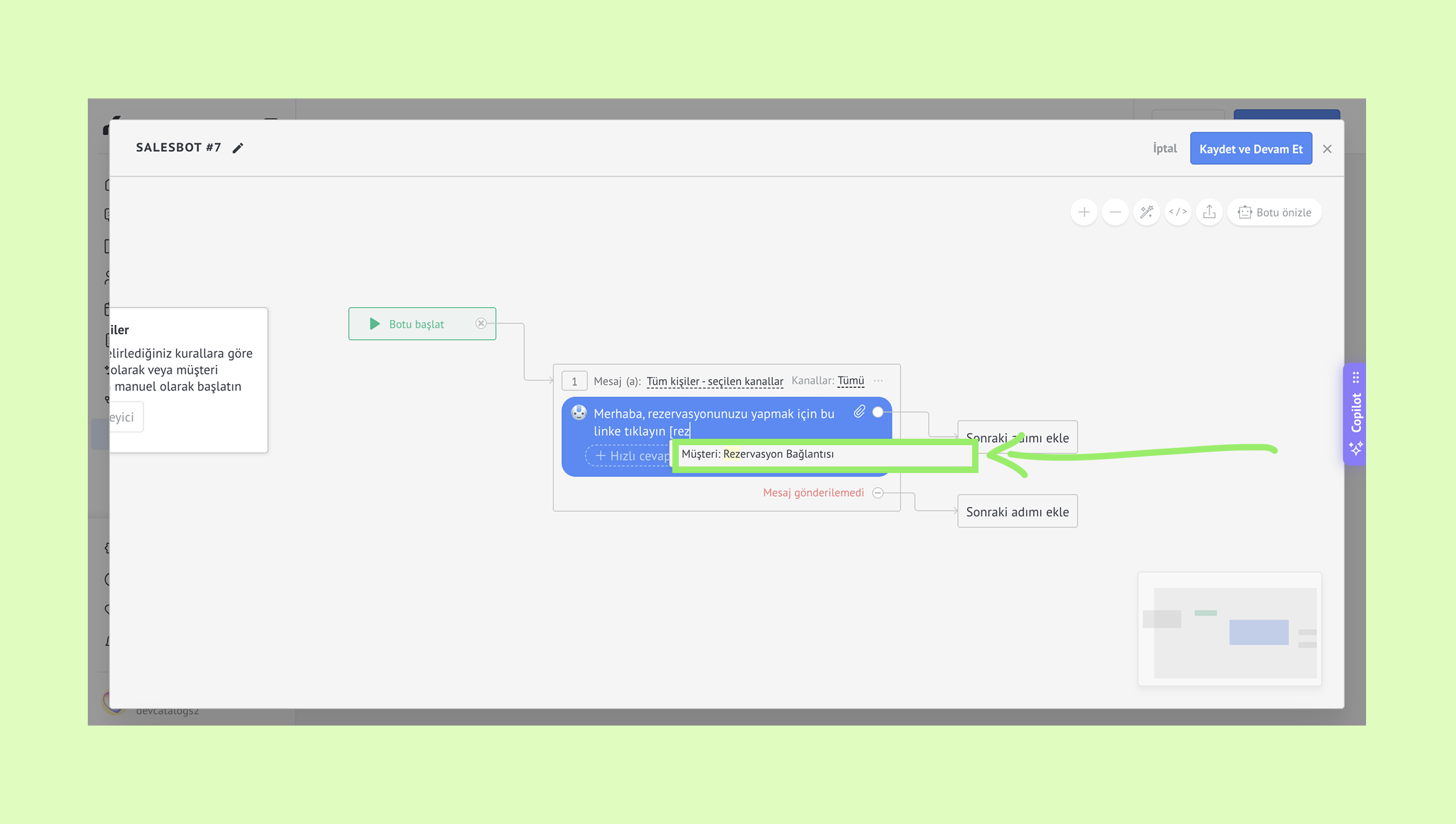 Salesbot interface displaying a reservation link and user interaction options.