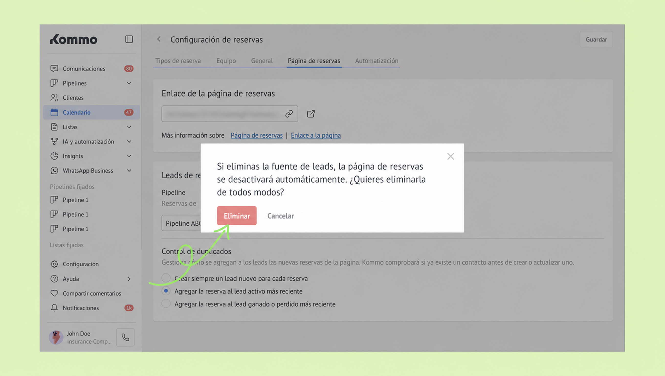 Confirmation dialog asking to delete the lead source in reservation settings.