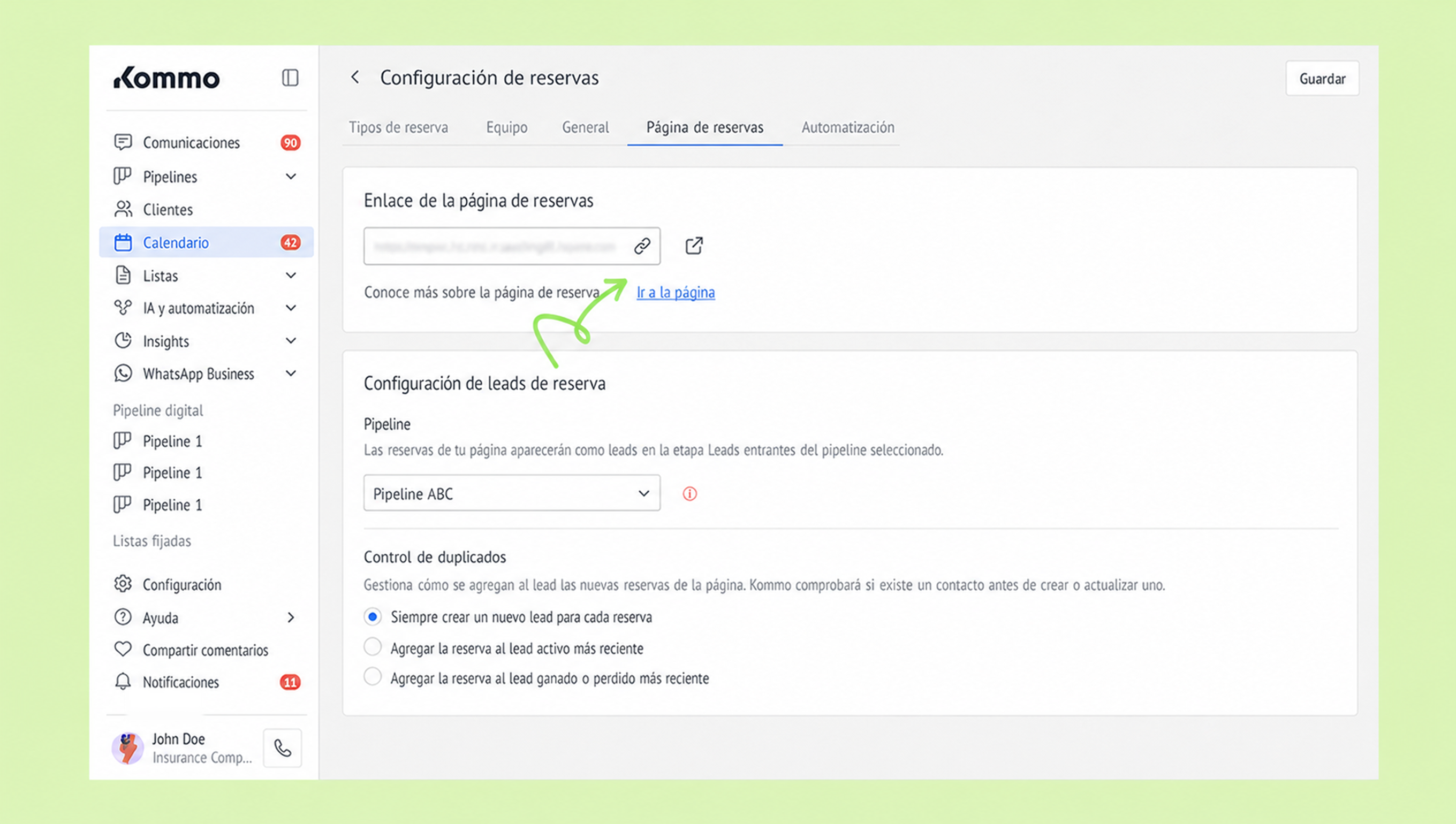 Configuration settings for reservation page with highlighted link and pipeline options.
