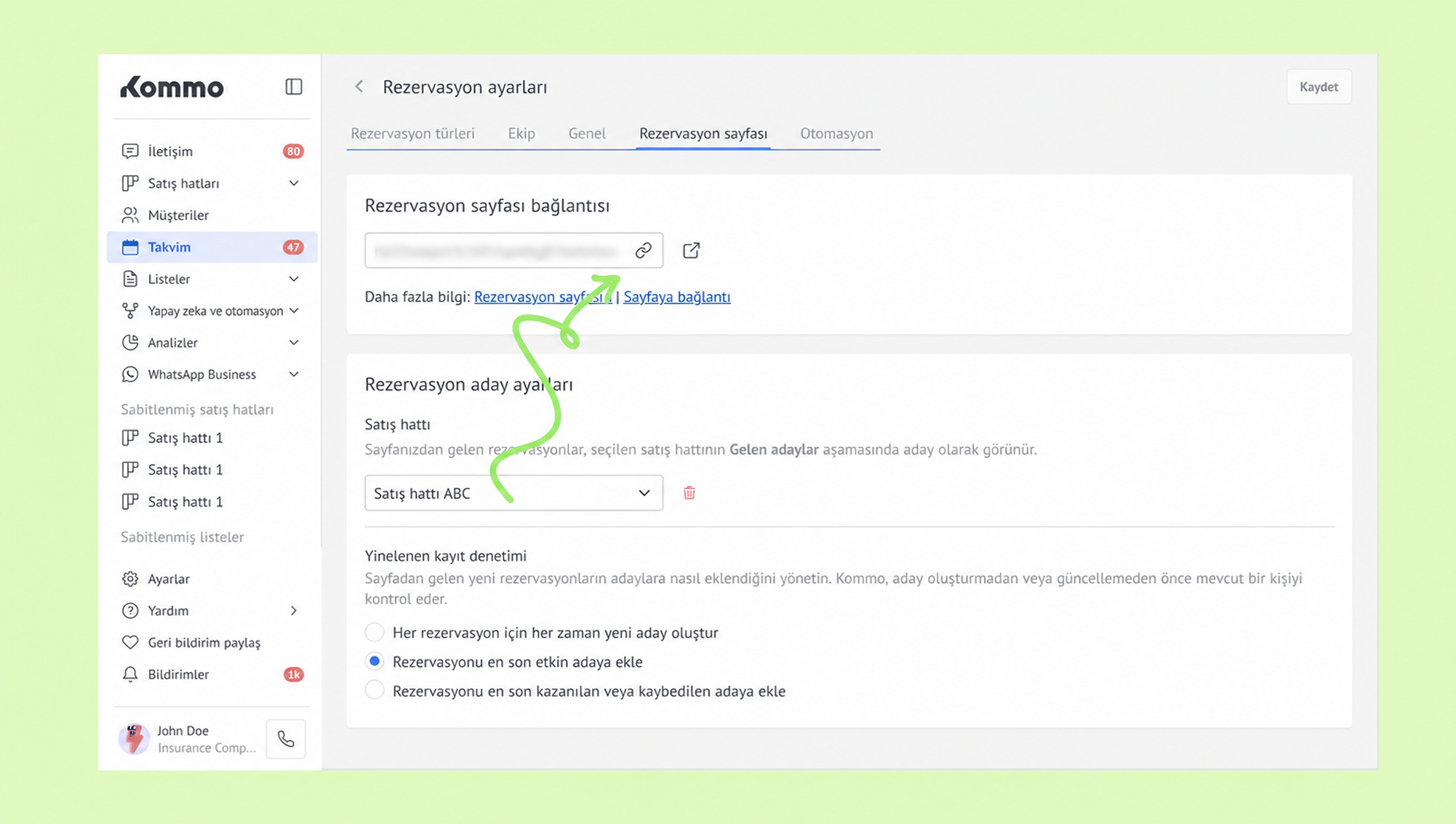 Settings page for reservations with highlighted link and dropdown options for sales lines.