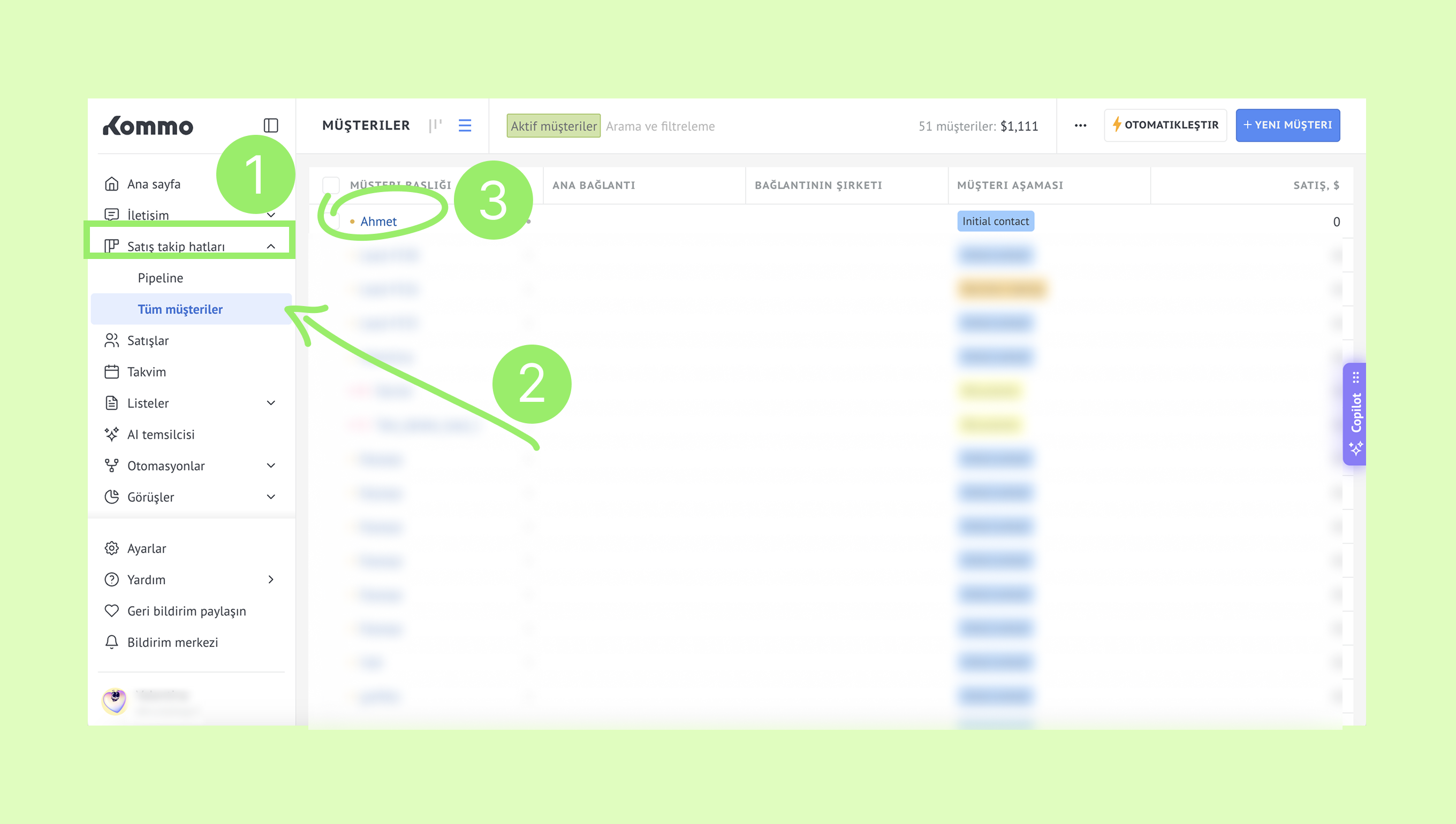 Navigation menu showing customer tracking options and highlighted customer details.