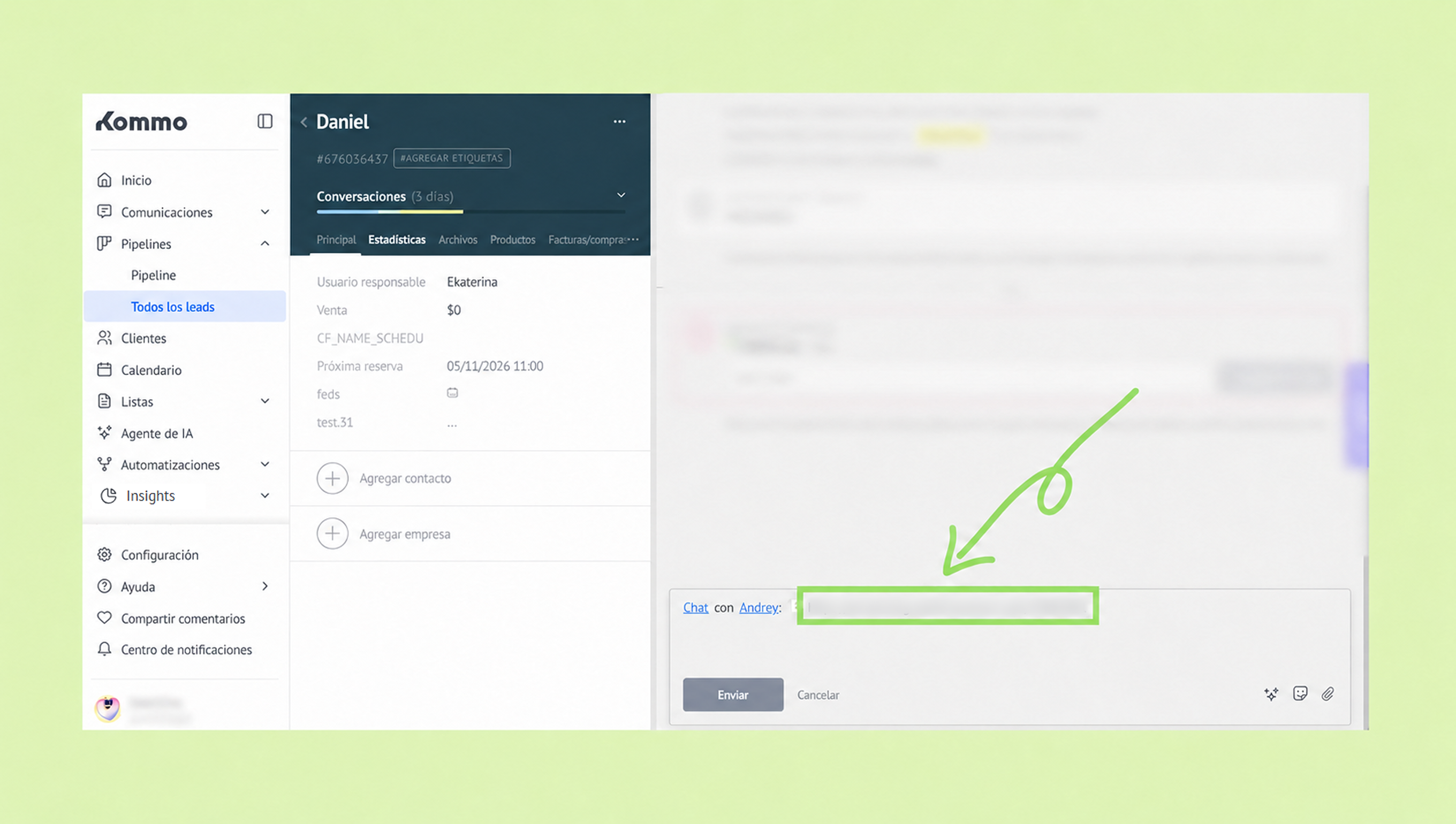 User interface showing conversation details and chat input for communication.