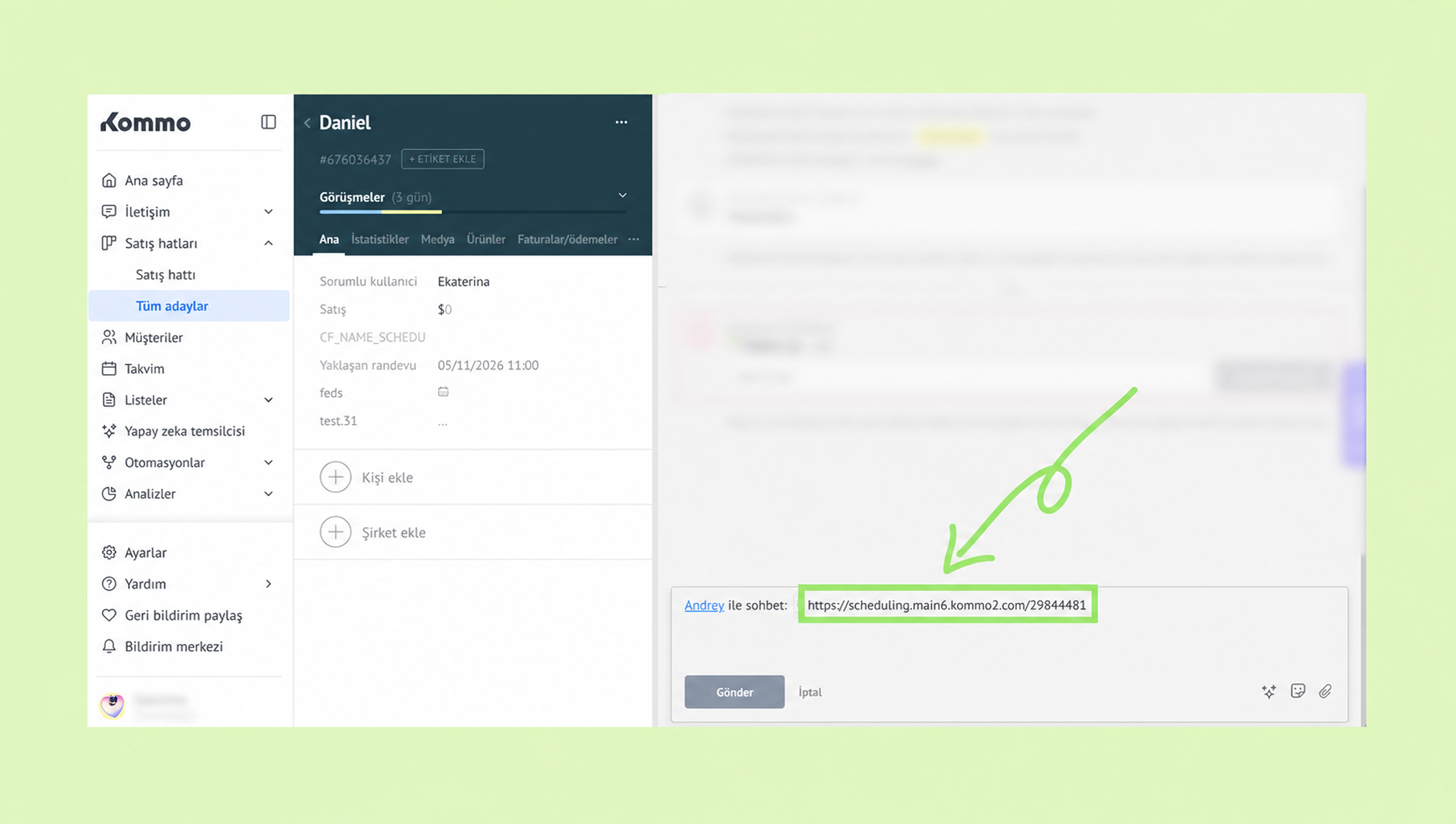 User interface displaying a scheduling link and user details for a meeting.