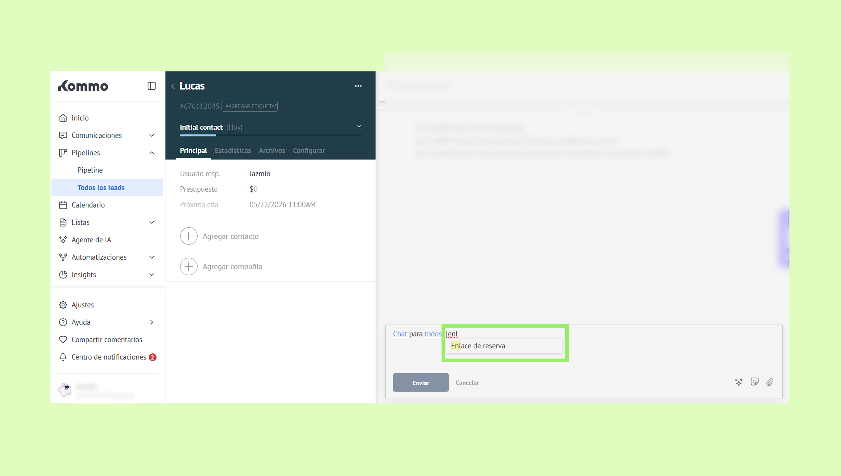 User interface showing lead details and a chat box for reservation link.