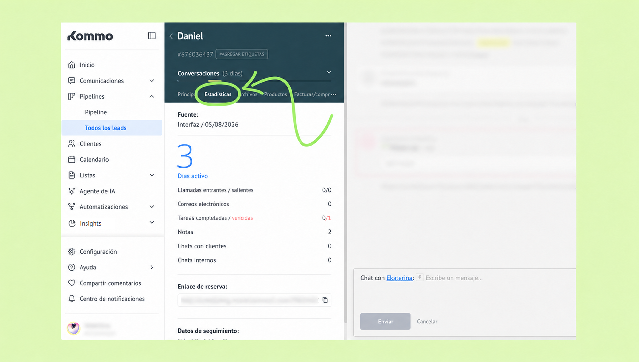 User statistics and activity details displayed in a lead management interface.