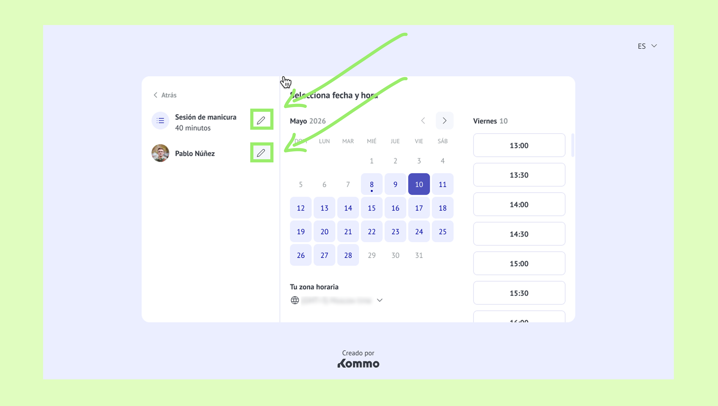 User interface for scheduling a manicure session with date and time selection.